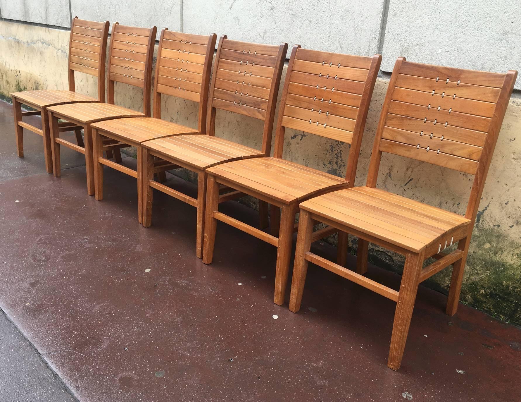 French Riviera Style Set of Six Chairs in Solid Wood and Rope Woven Wood Back For Sale 1