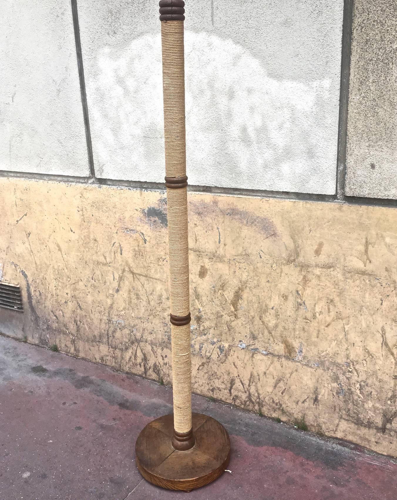 French Riviera Rare Modernist Brown Cerused Oak Rope Floor Lamp from the 1950s For Sale 3