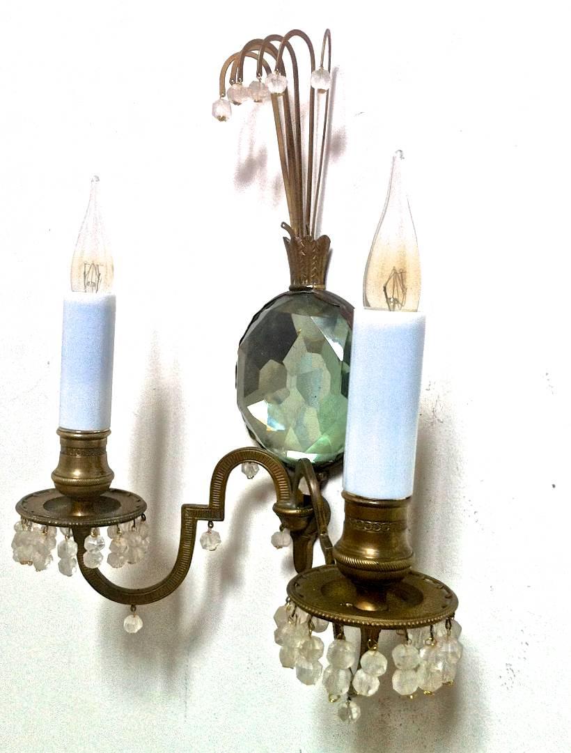 Mid-Century Modern Superb Little Pair of Sconce with a Polarized Glass Center and Rock Crystal Perl For Sale