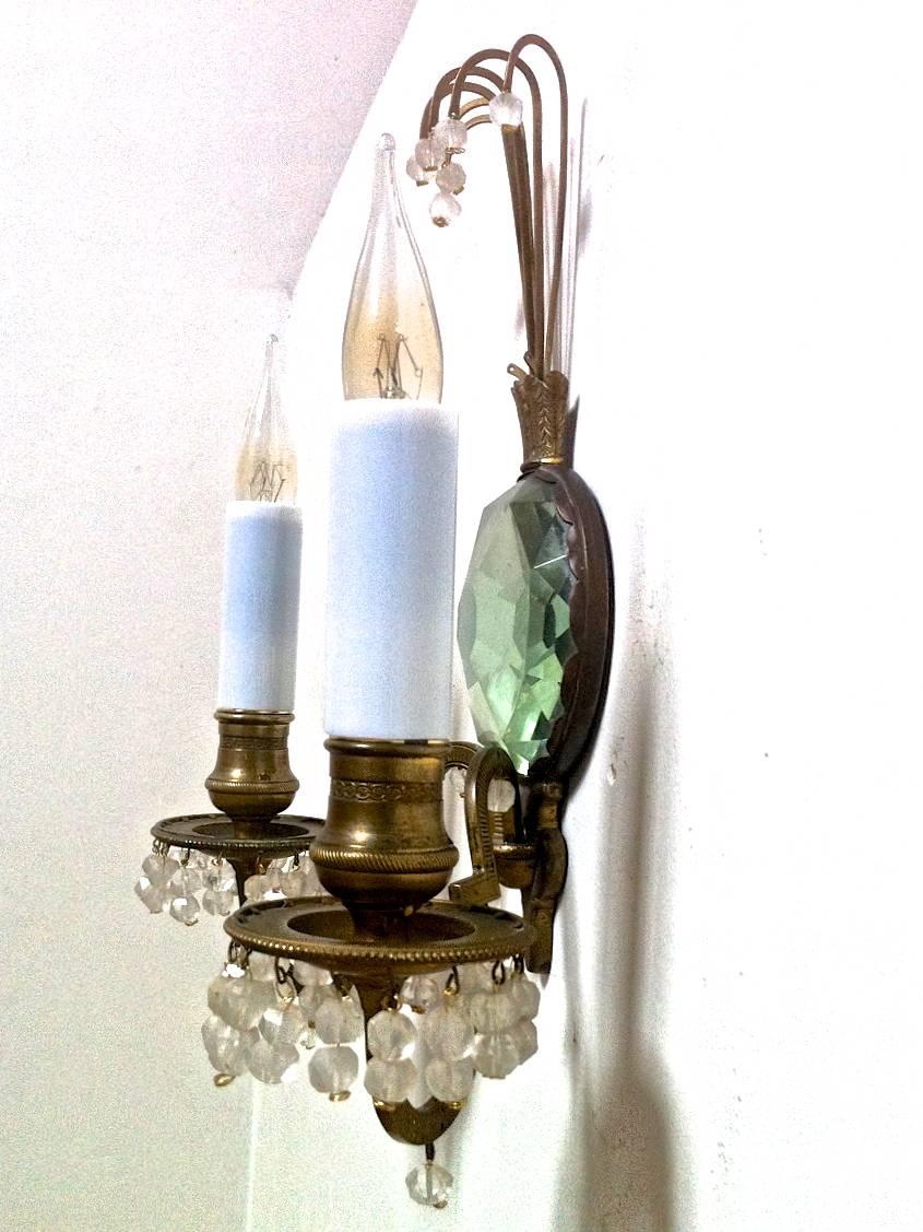 American Superb Little Pair of Sconce with a Polarized Glass Center and Rock Crystal Perl For Sale