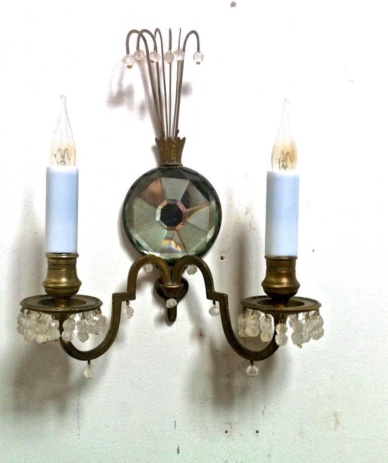 Superb Little Pair of Sconce with a Polarized Glass Center and Rock Crystal Perl For Sale 1