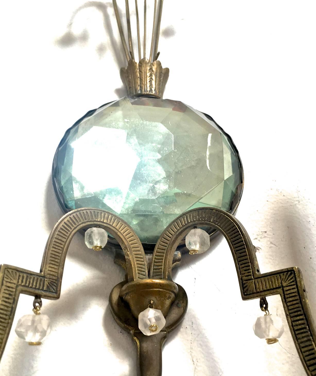 Superb Little Pair of Sconce with a Polarized Glass Center and Rock Crystal Perl For Sale 3