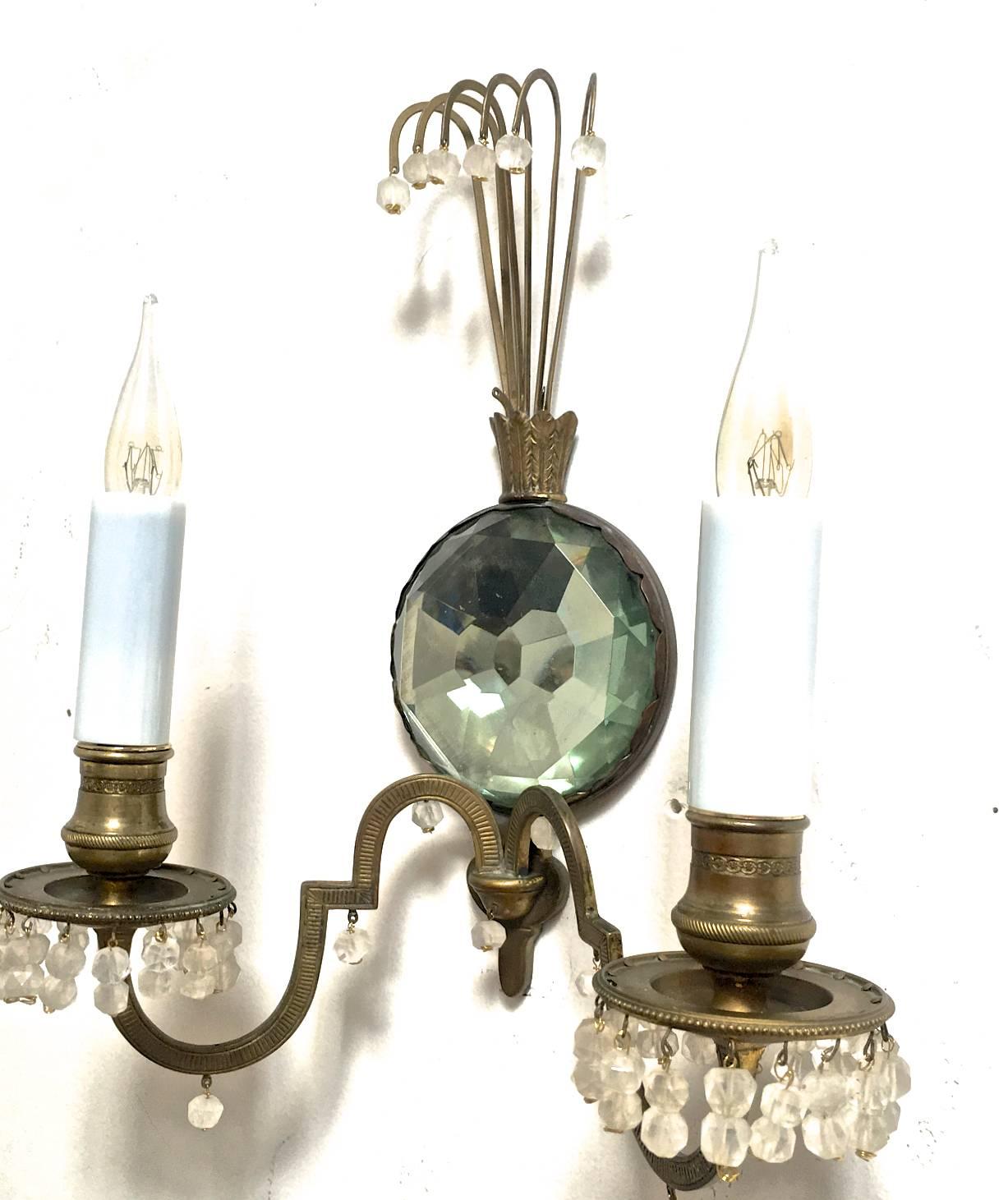 Superb Little Pair of Sconce with a Polarized Glass Center and Rock Crystal Perl For Sale 2