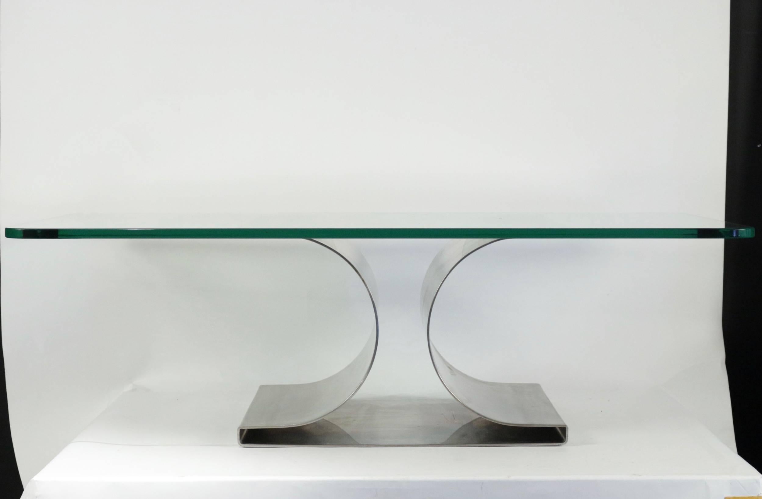 French Michel Boyer Iconic Coffee Table in Brushed Steel Base and Thick Glass Top For Sale