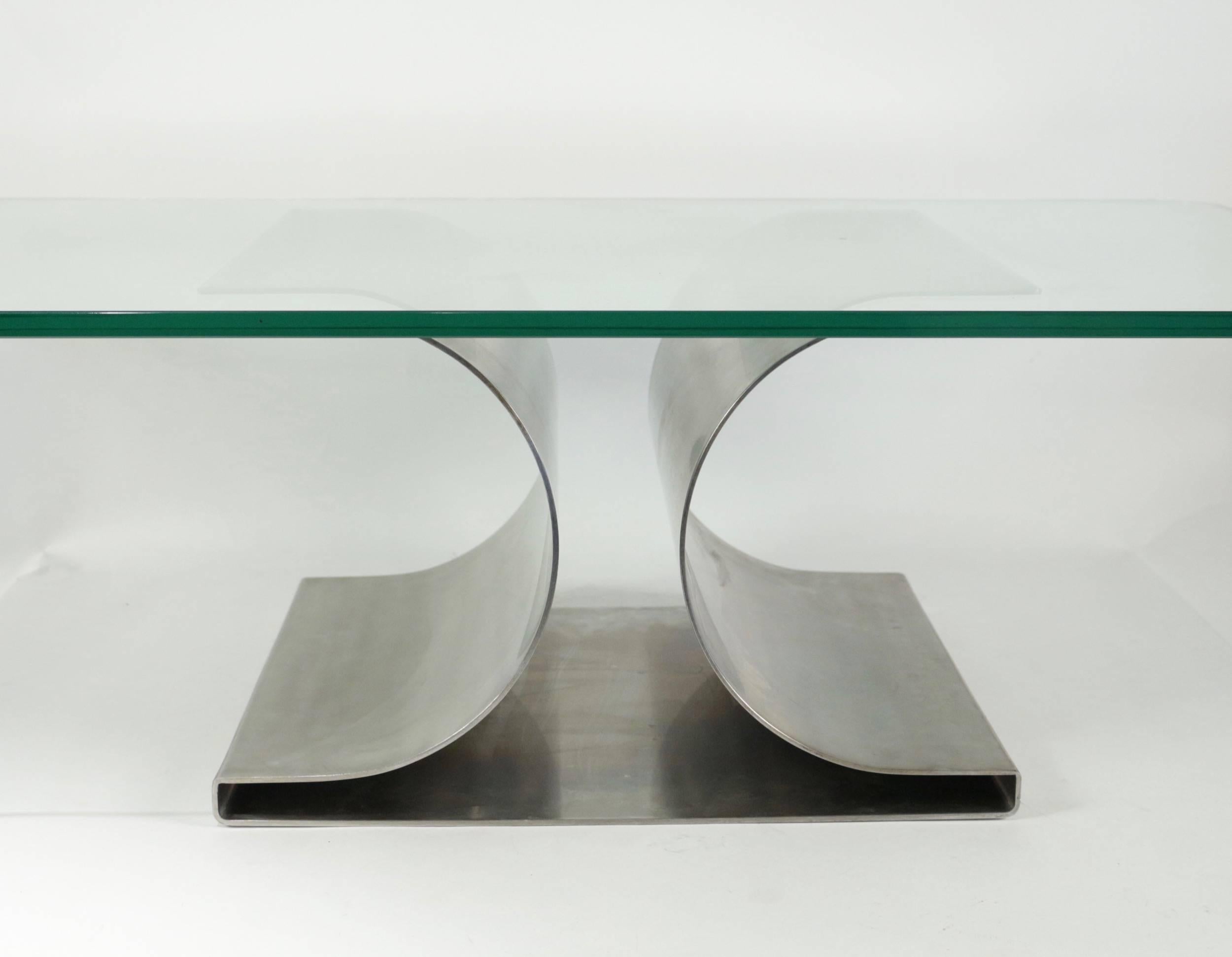 Late 20th Century Michel Boyer Iconic Coffee Table in Brushed Steel Base and Thick Glass Top For Sale