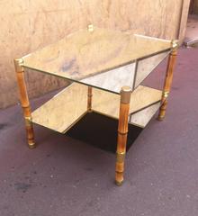 Style of Gabriella Crespi Pair of 2 Tier Bamboo, Brass and Mirror Coffee Tables