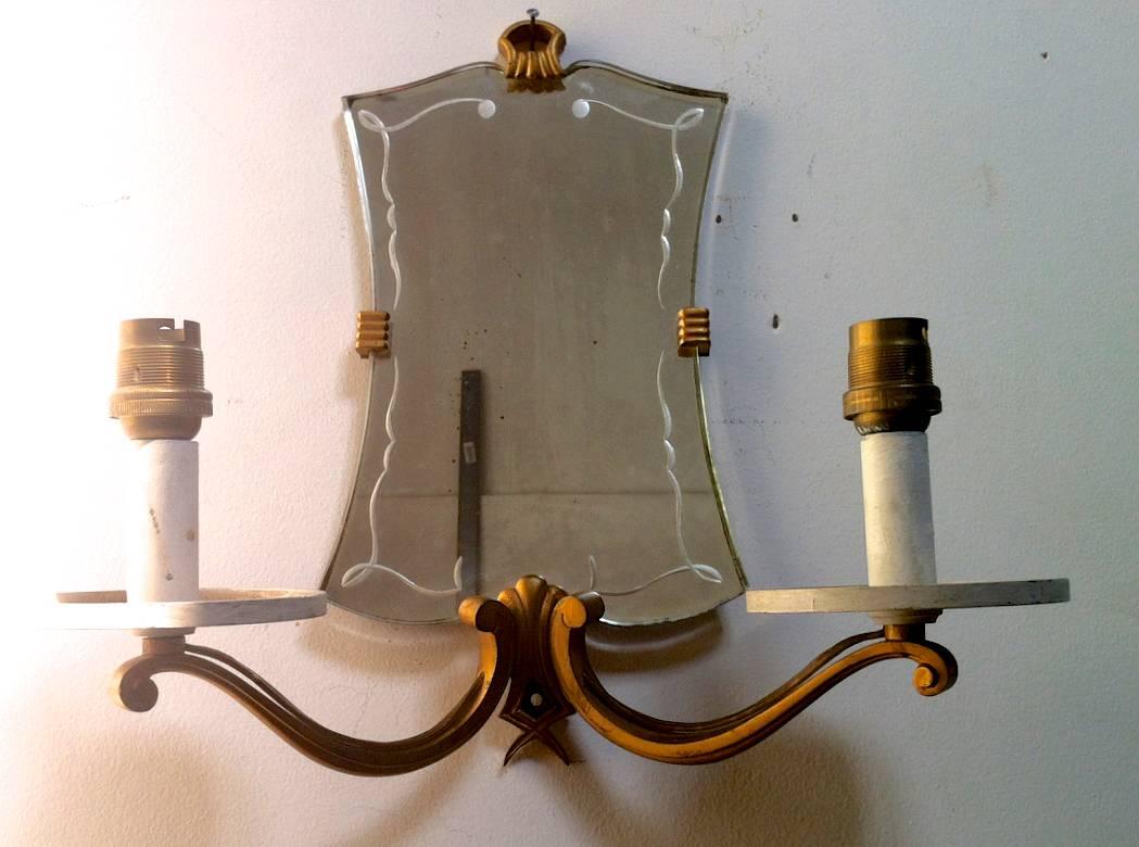 Mid-Century Modern Jules Leleu Pair of 1940s Refined Mirrored Gold Bronze Sconces For Sale