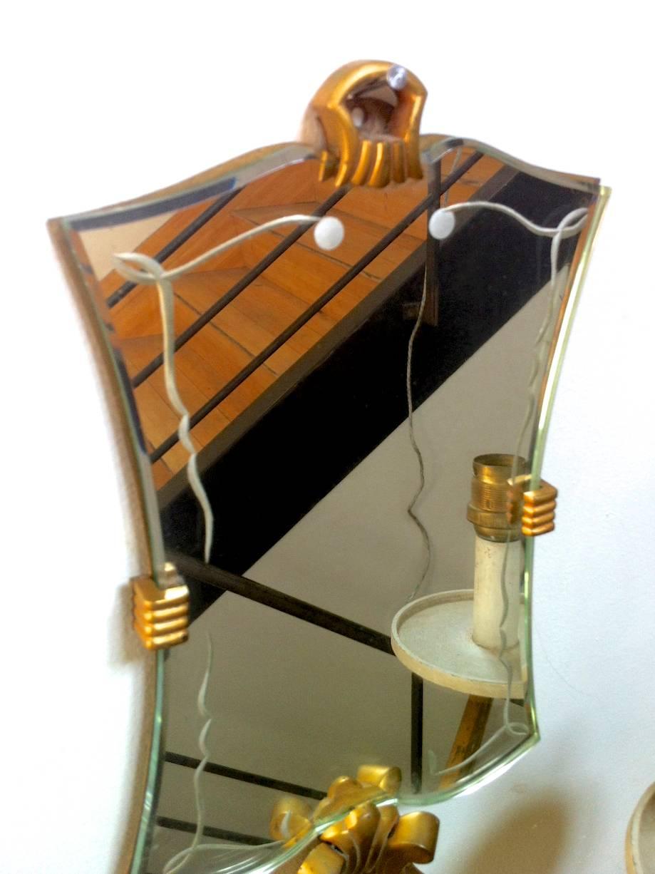 Mid-20th Century Jules Leleu Pair of 1940s Refined Mirrored Gold Bronze Sconces For Sale