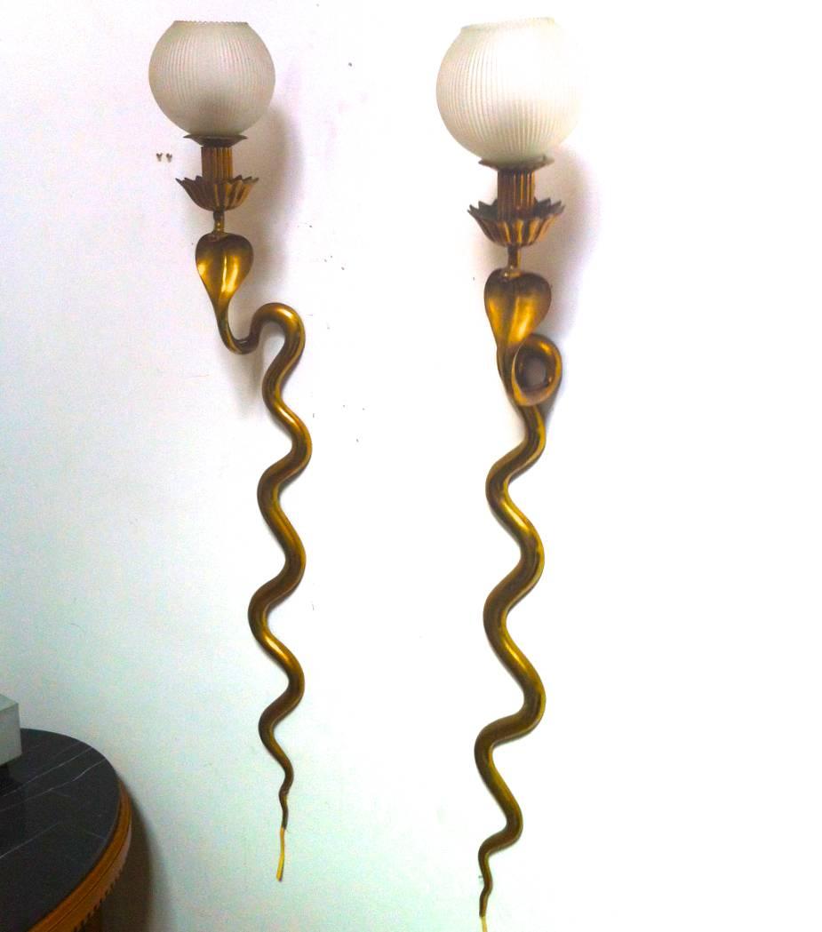 Mid-Century Modern Spectacular Cobra Shaped Gold Bronze Pair of Long Sconces with Opaline Globe