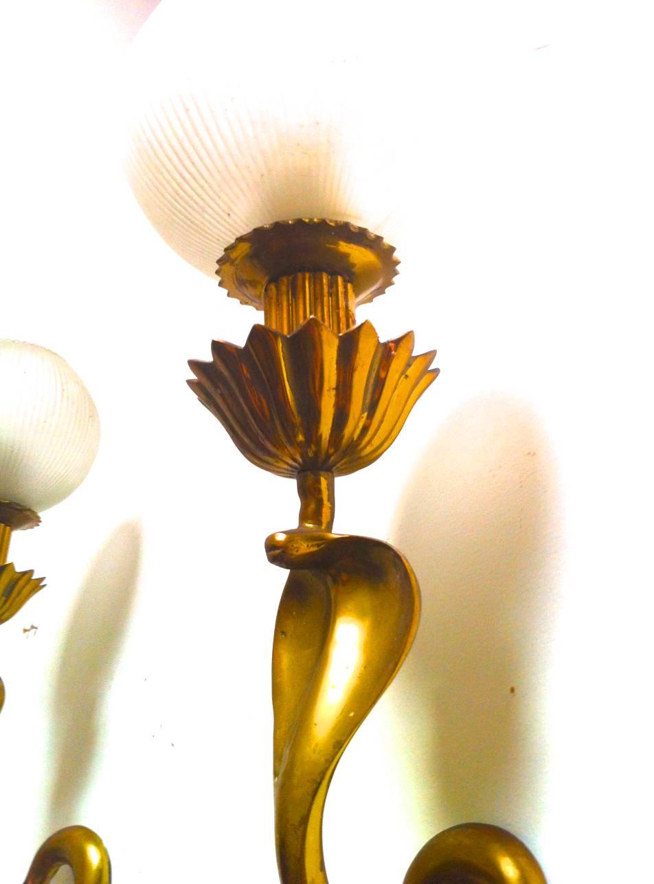 French Spectacular Cobra Shaped Gold Bronze Pair of Long Sconces with Opaline Globe