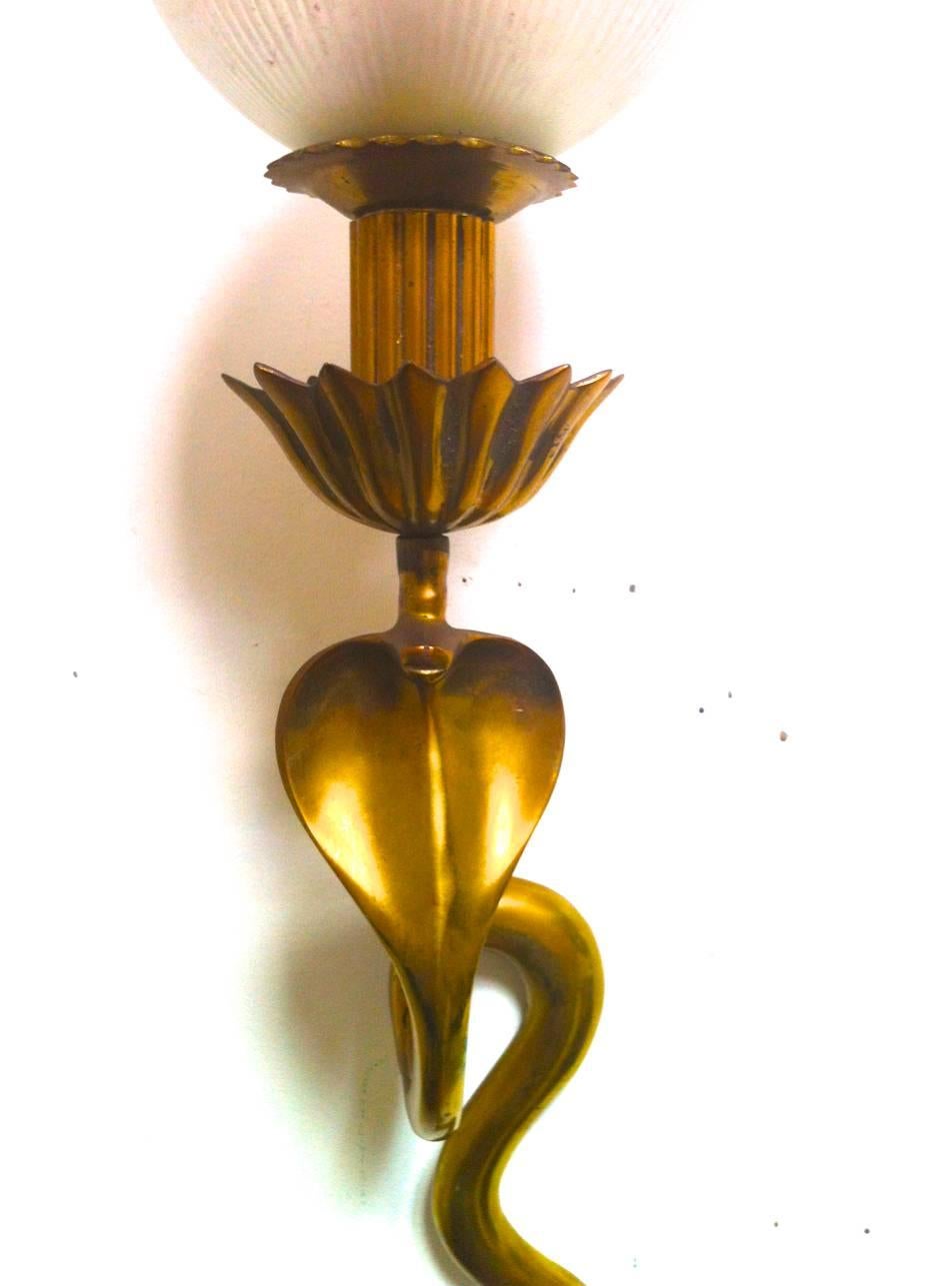 Mid-20th Century Spectacular Cobra Shaped Gold Bronze Pair of Long Sconces with Opaline Globe