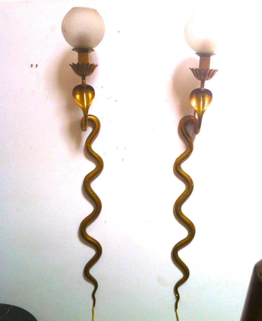 Spectacular Cobra Shaped Gold Bronze Pair of Long Sconces with Opaline Globe 1