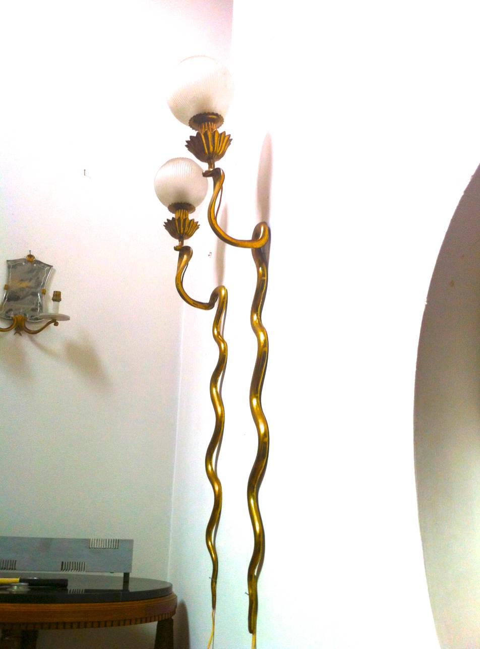 Spectacular Cobra Shaped Gold Bronze Pair of Long Sconces with Opaline Globe 3