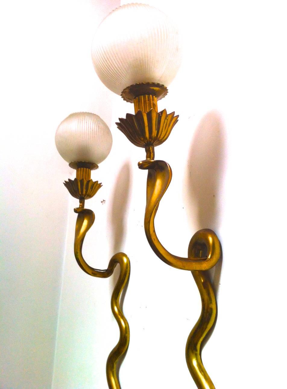 Spectacular Cobra Shaped Gold Bronze Pair of Long Sconces with Opaline Globe 4