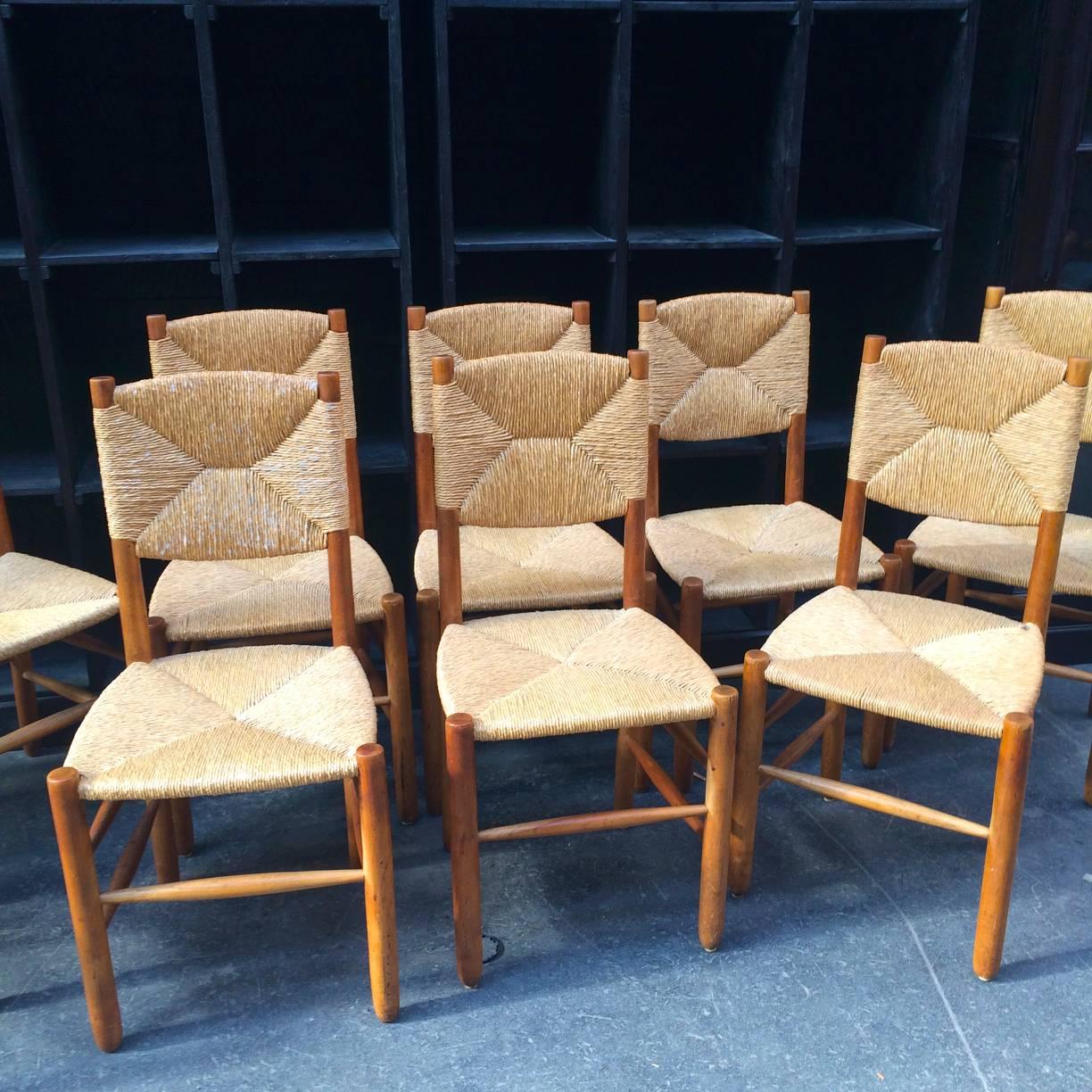 Mid-Century Modern Charlotte Perriand Rare Set of Ten Rush Bauche Chairs For Sale