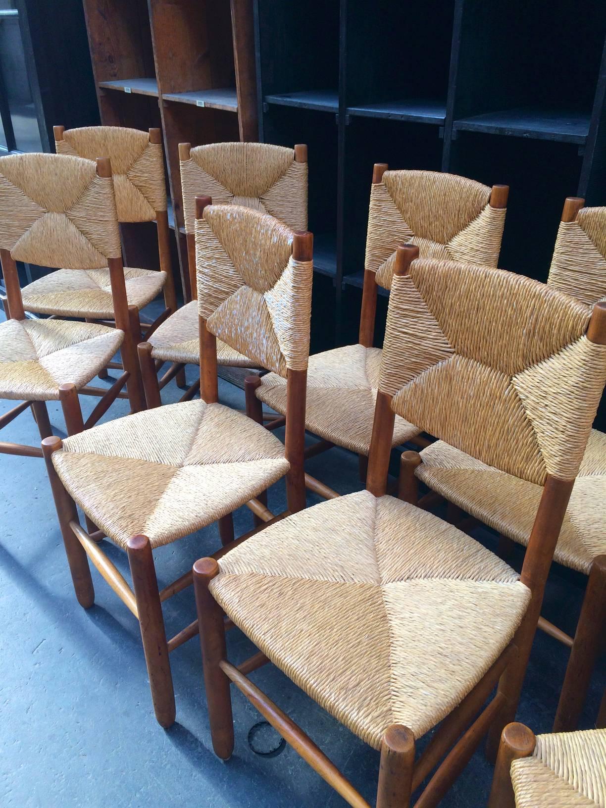 French Charlotte Perriand Rare Set of Ten Rush Bauche Chairs For Sale