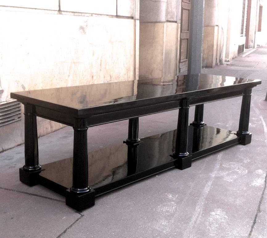 Maison Jansen rare extremely long neoclassic black lacquered coffee table.