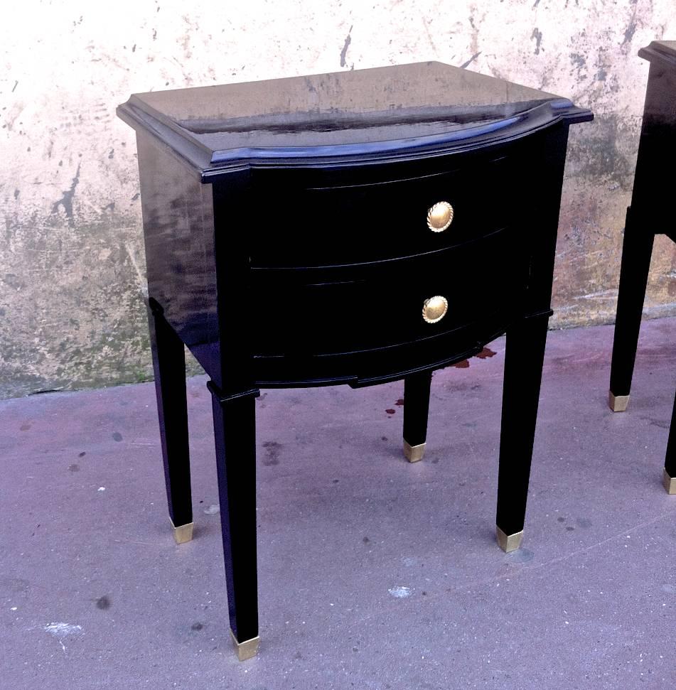Wood Maison Jansen Refined Pair of Black Lacquered Bedsides or Side Tables For Sale