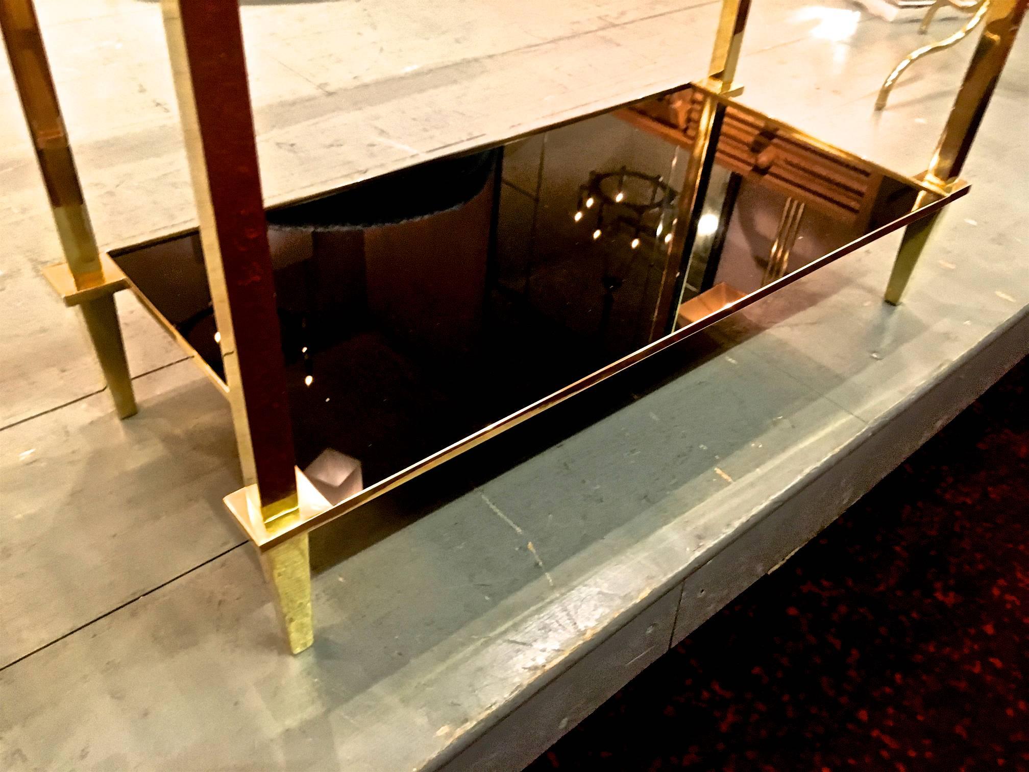 Gilt Refined Pair of Two Tiers Side Tables with Bronze Pure Hardware For Sale