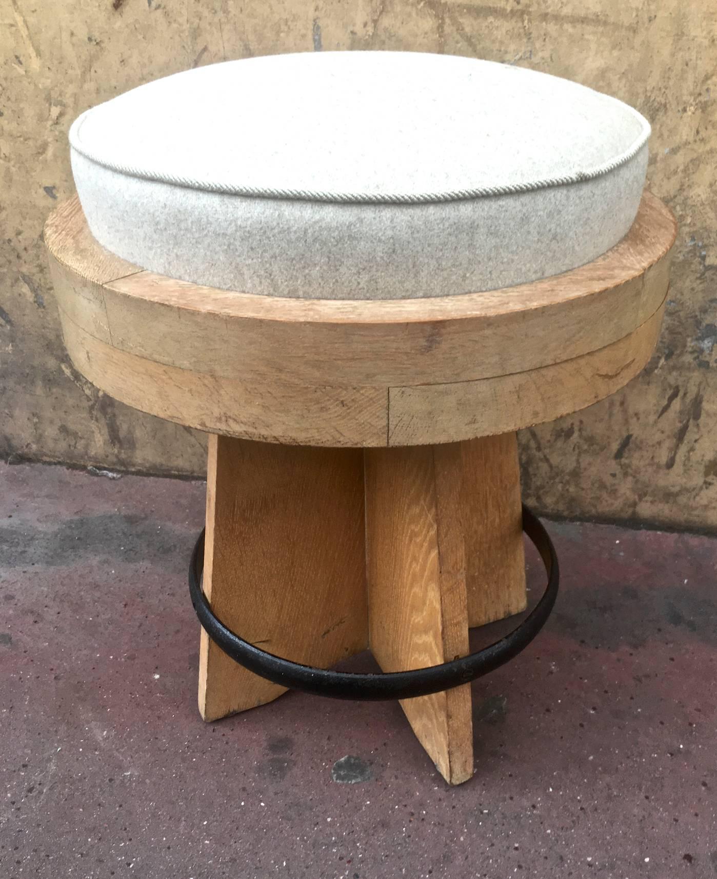 Wool Awesome Modernist Round Stool in Oak, Newly Covered with an Iron Circle For Sale
