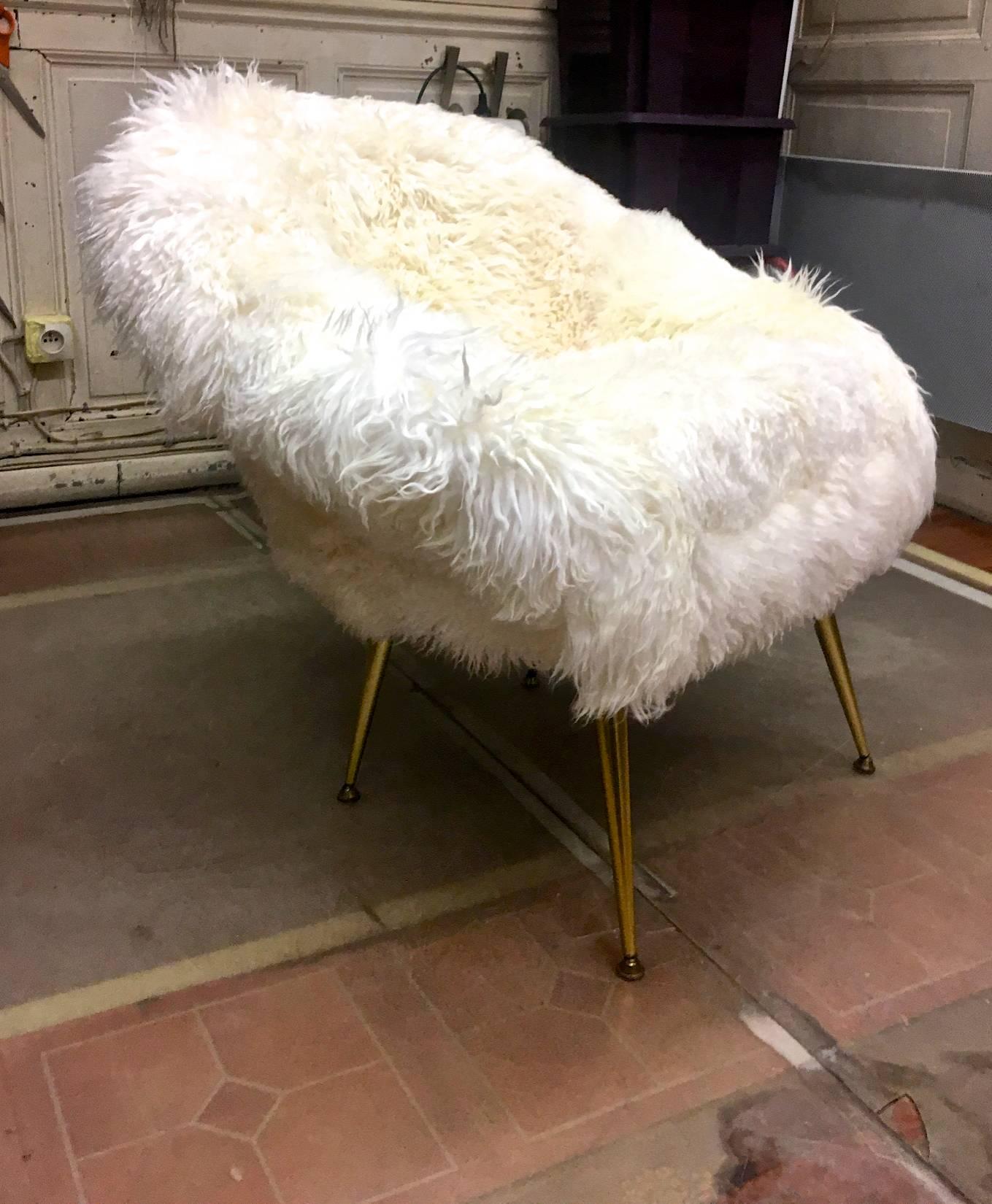 Mid-Century Modern Fritz Neth Pair of Chairs with Tapered Metal Legs Newly Covered in Sheepskin Fur For Sale