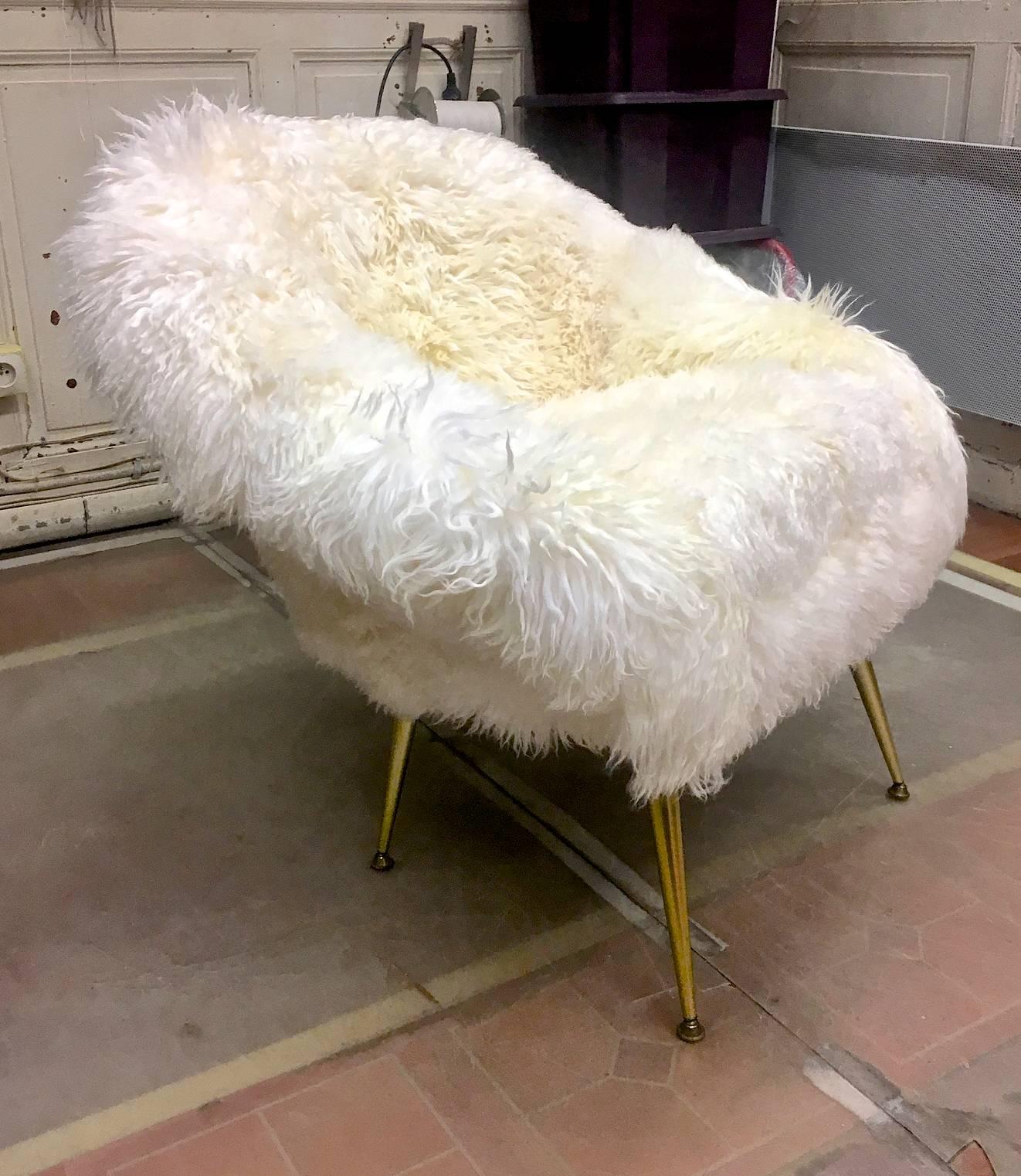 German Fritz Neth Pair of Chairs with Tapered Metal Legs Newly Covered in Sheepskin Fur For Sale