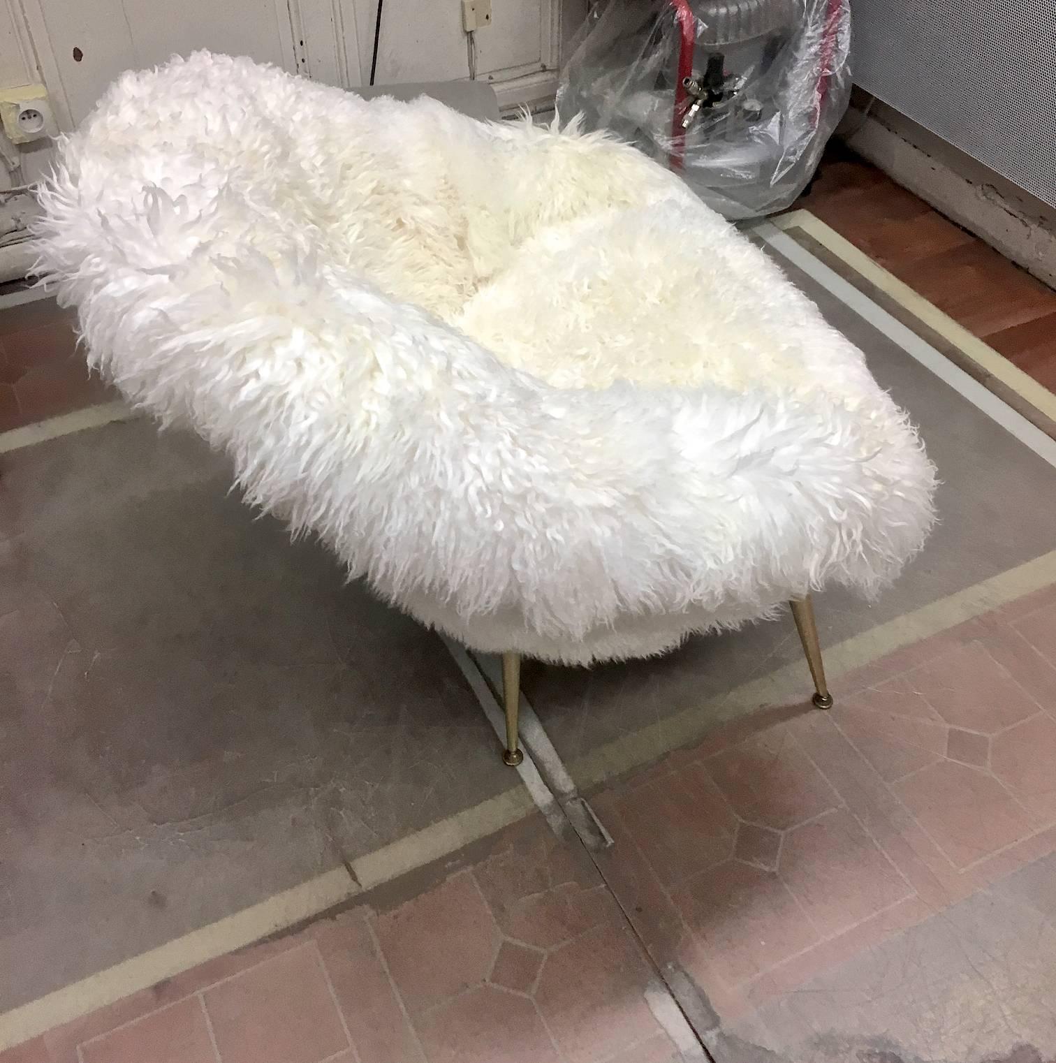 Fritz Neth Pair of Chairs with Tapered Metal Legs Newly Covered in Sheepskin Fur For Sale 1