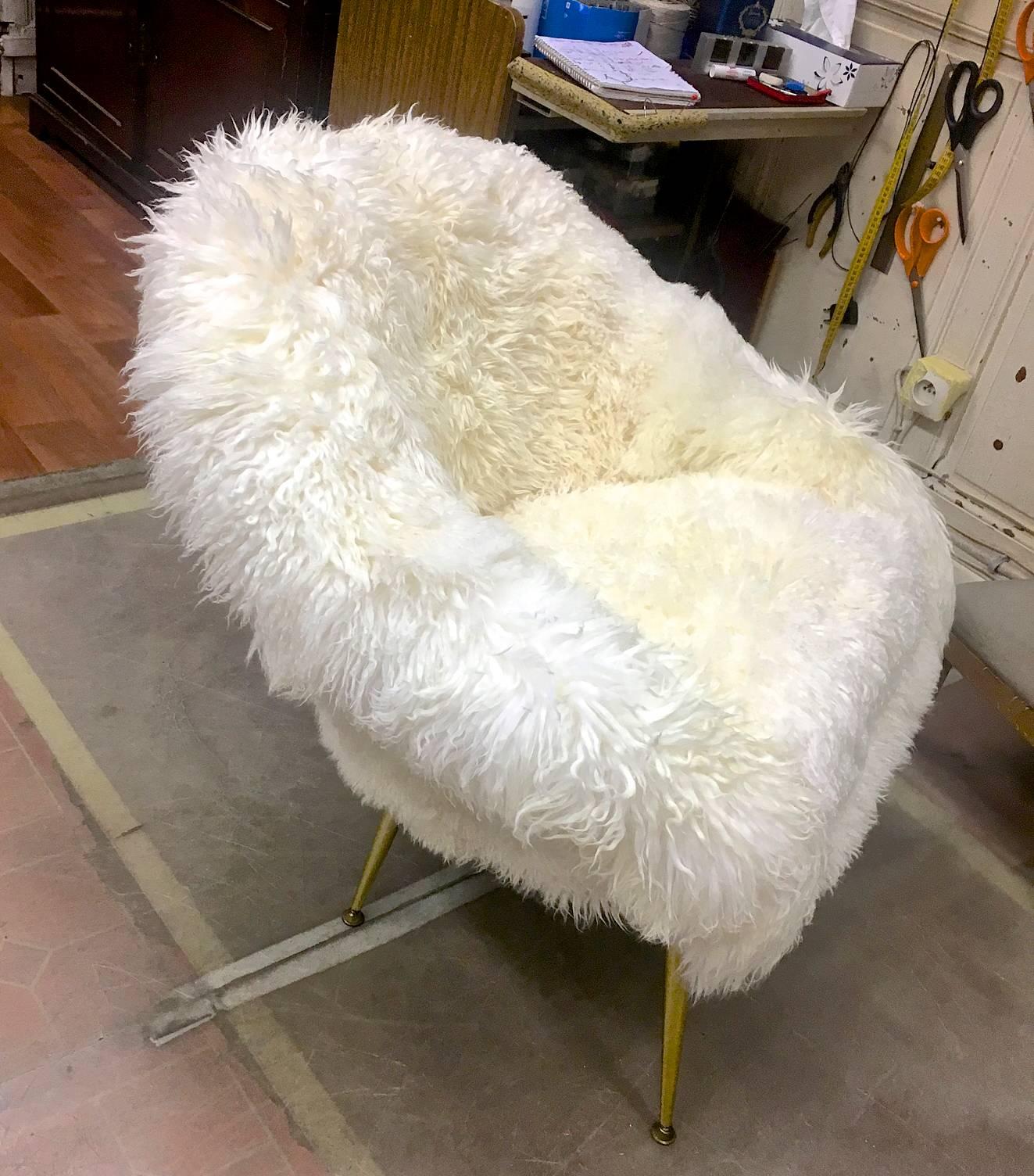 Fritz Neth Pair of Chairs with Tapered Metal Legs Newly Covered in Sheepskin Fur For Sale 3