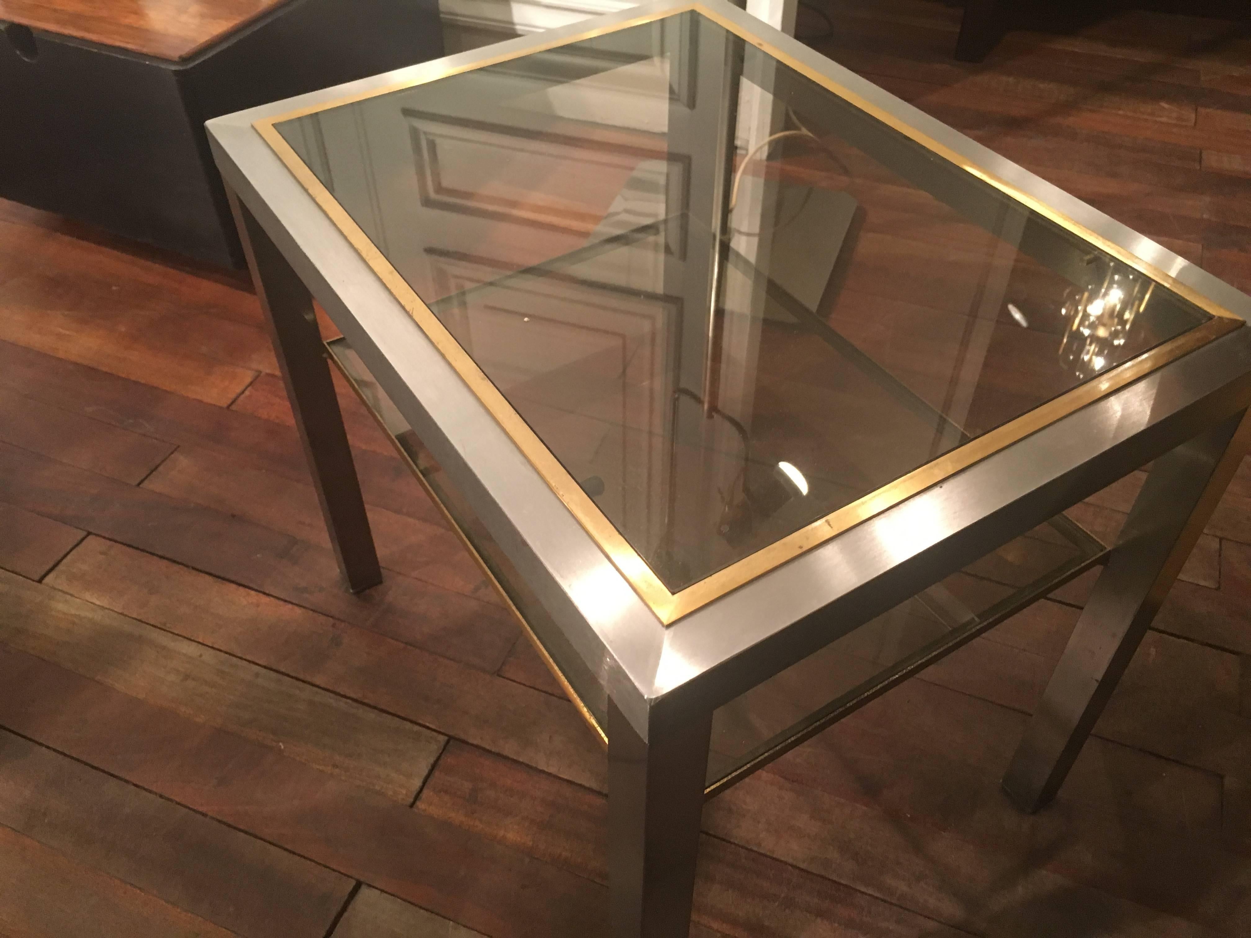 Guy Lefevre Pair of Pure Two Tiers Side Table in Brushed Steel and Bronze In Excellent Condition For Sale In Paris, ile de france