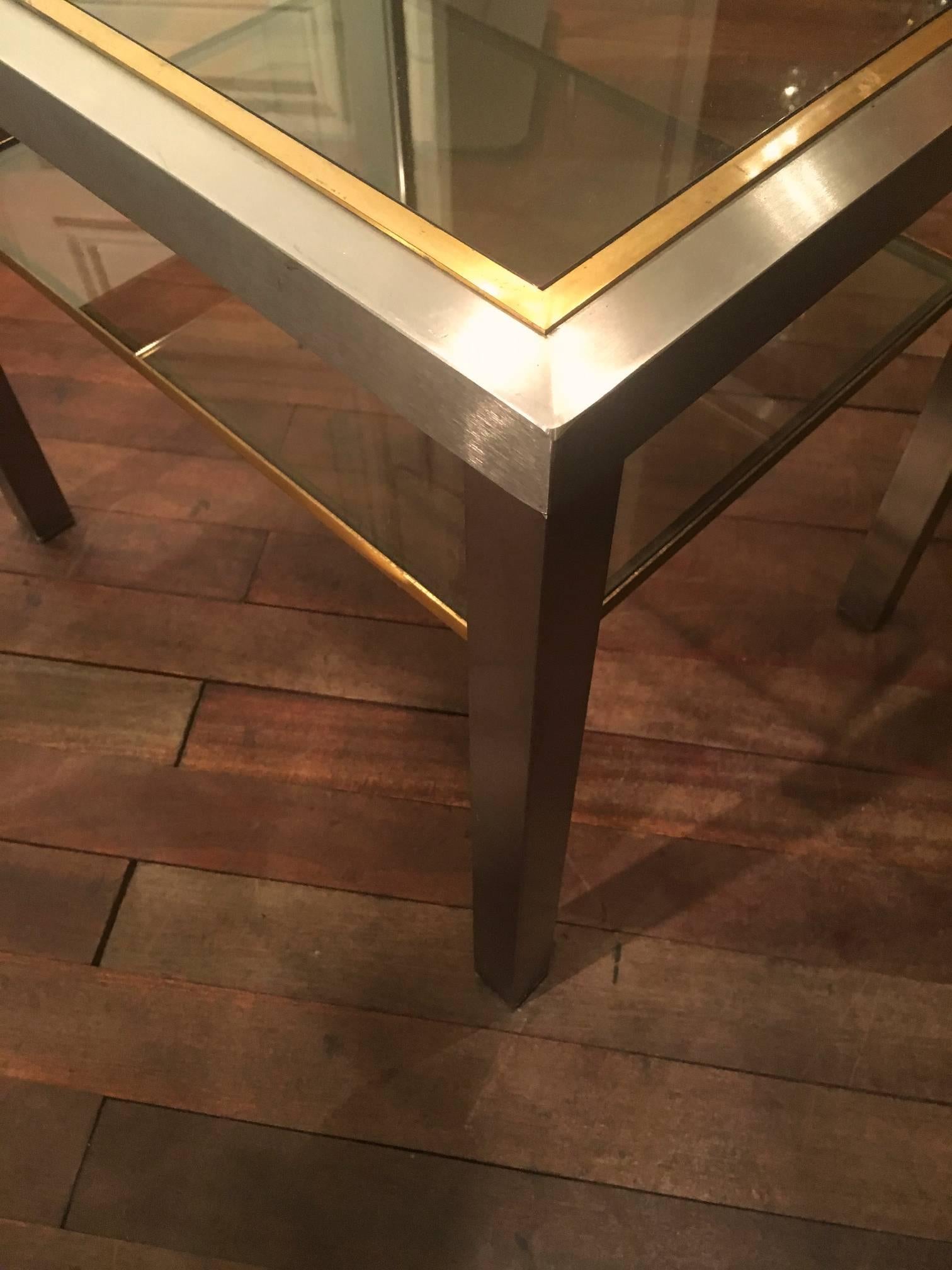 Late 20th Century Guy Lefevre Pair of Pure Two Tiers Side Table in Brushed Steel and Bronze For Sale