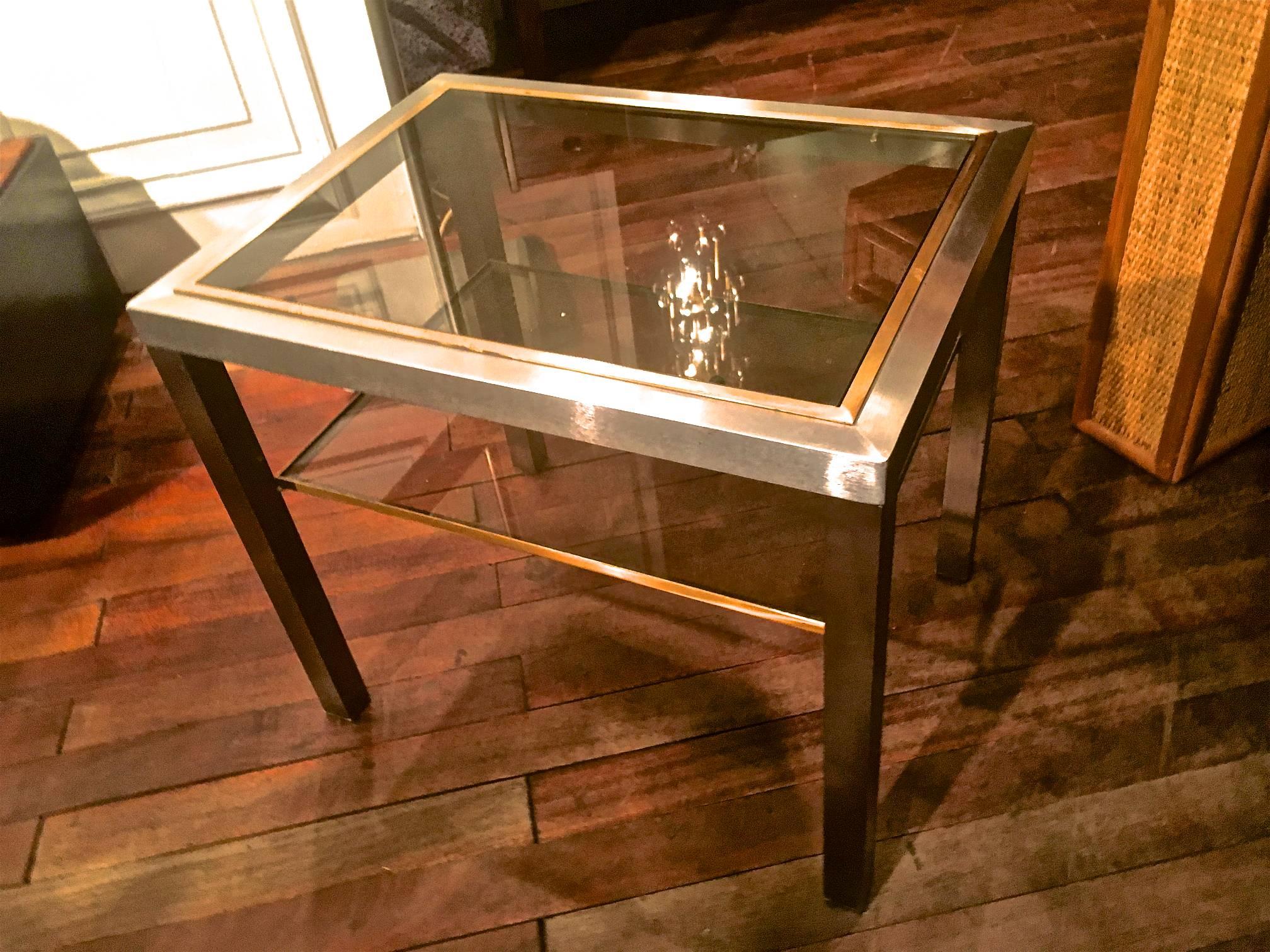 Guy Lefevre Pair of Pure Two Tiers Side Table in Brushed Steel and Bronze For Sale 1