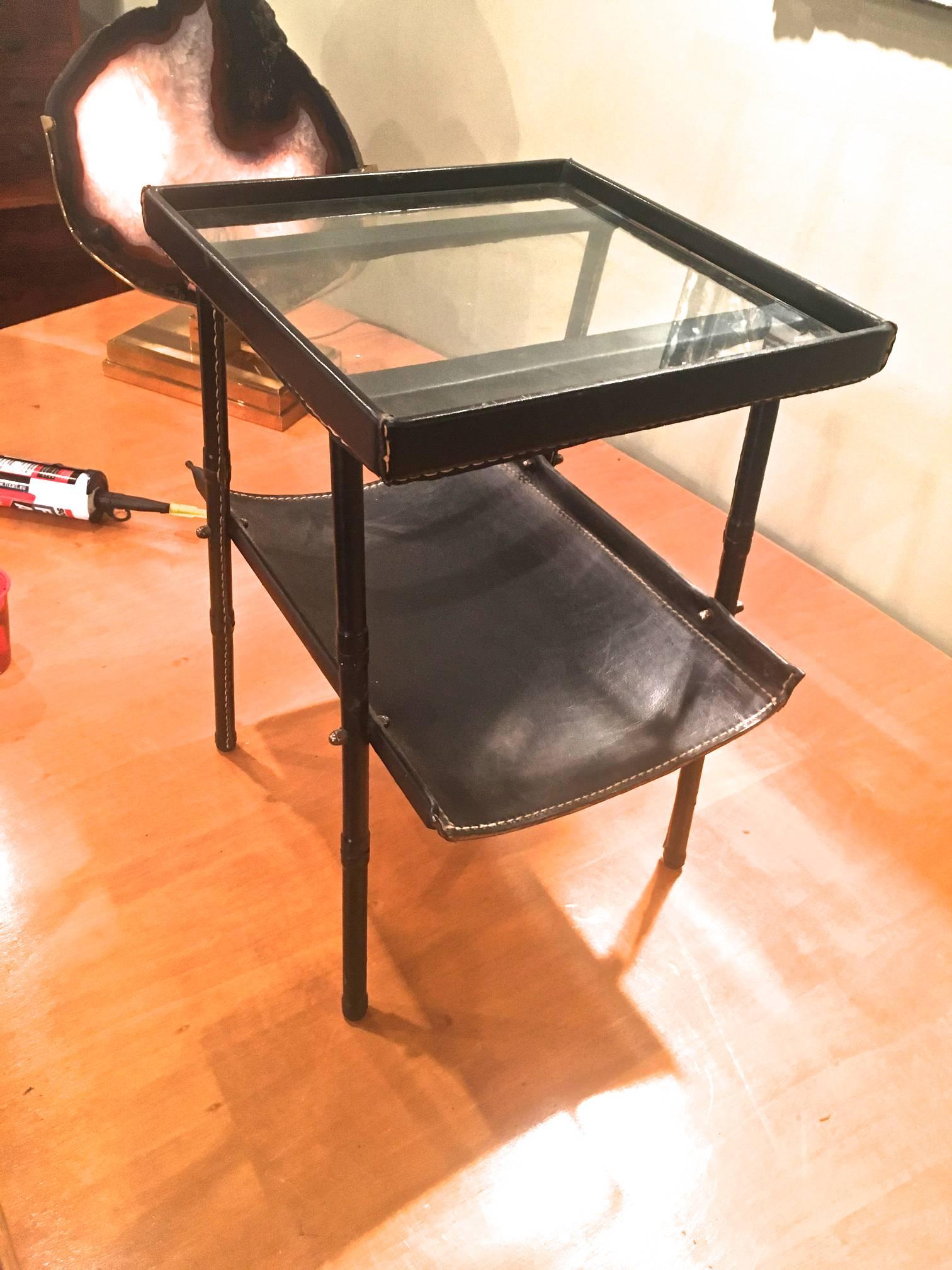 Mid-Century Modern Jacques Adnet Two-Tier Side Table and Magazine Rack in Black Leather For Sale