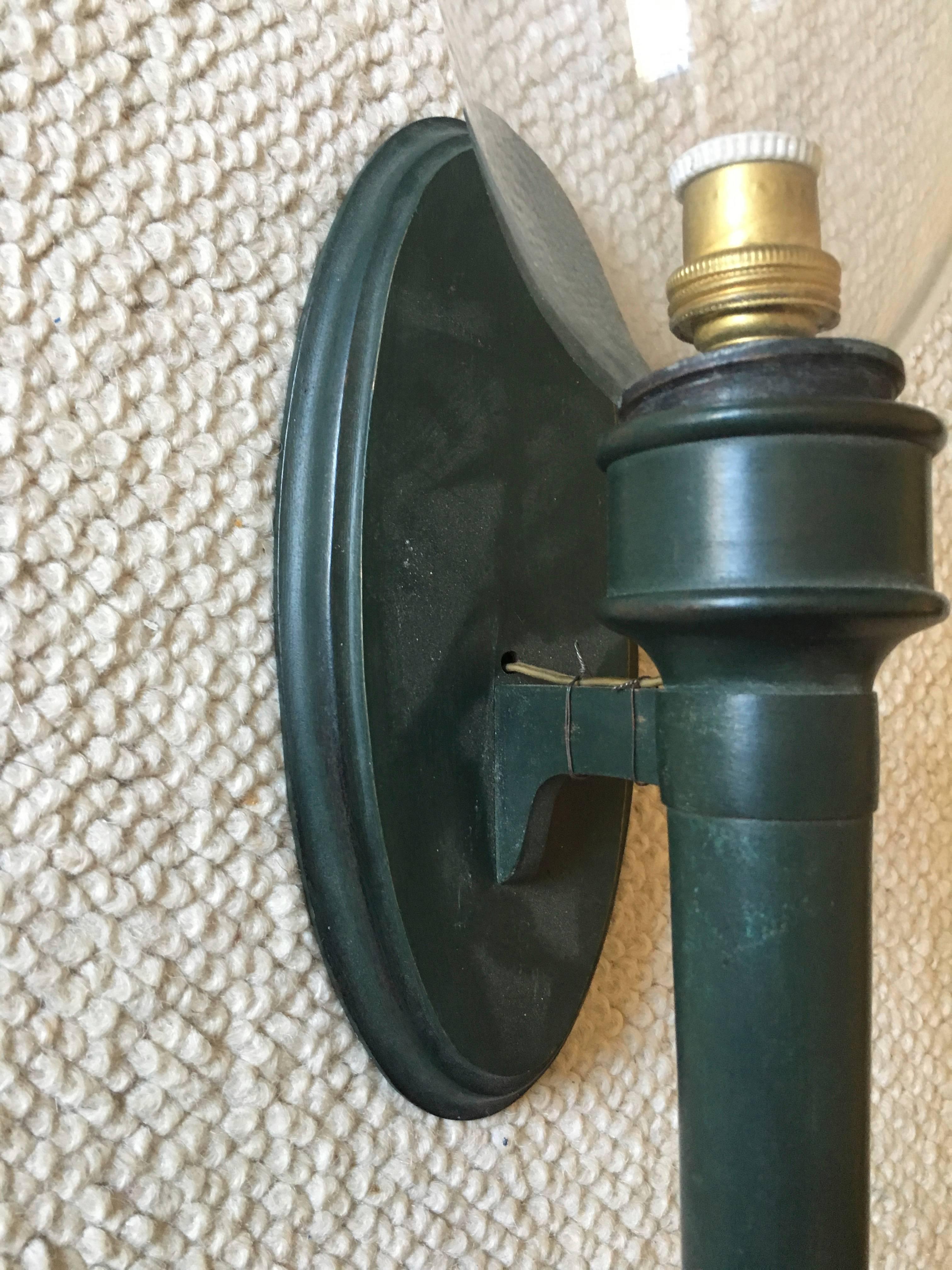 Style of Andre Arbus Pair of Chic 1940s Sconces with a Green Antic Patina For Sale 2