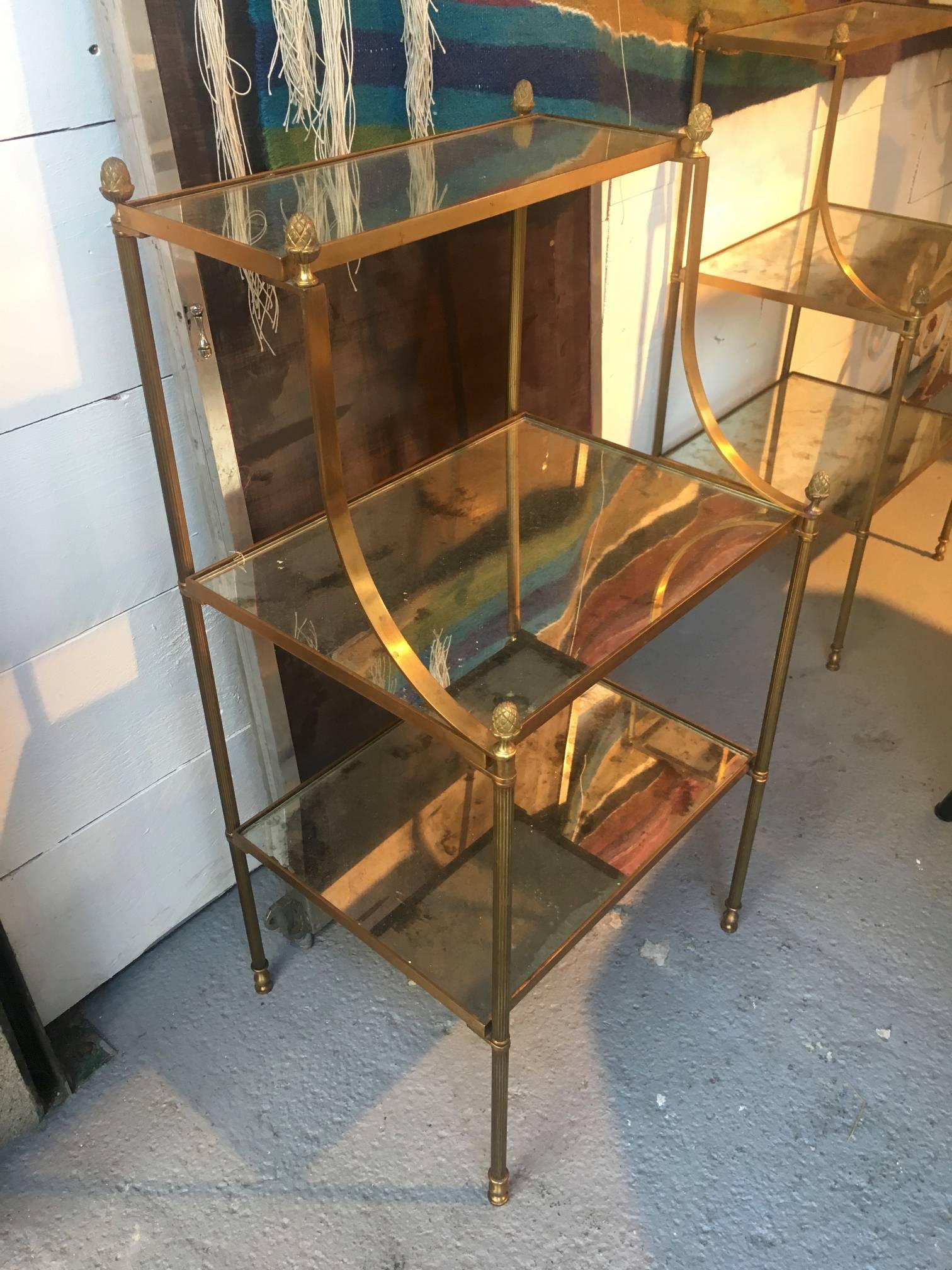 Mid-Century Modern Maison Jansen Chicest Neoclassic Pair of Bronze Three Tiers Side Tables For Sale