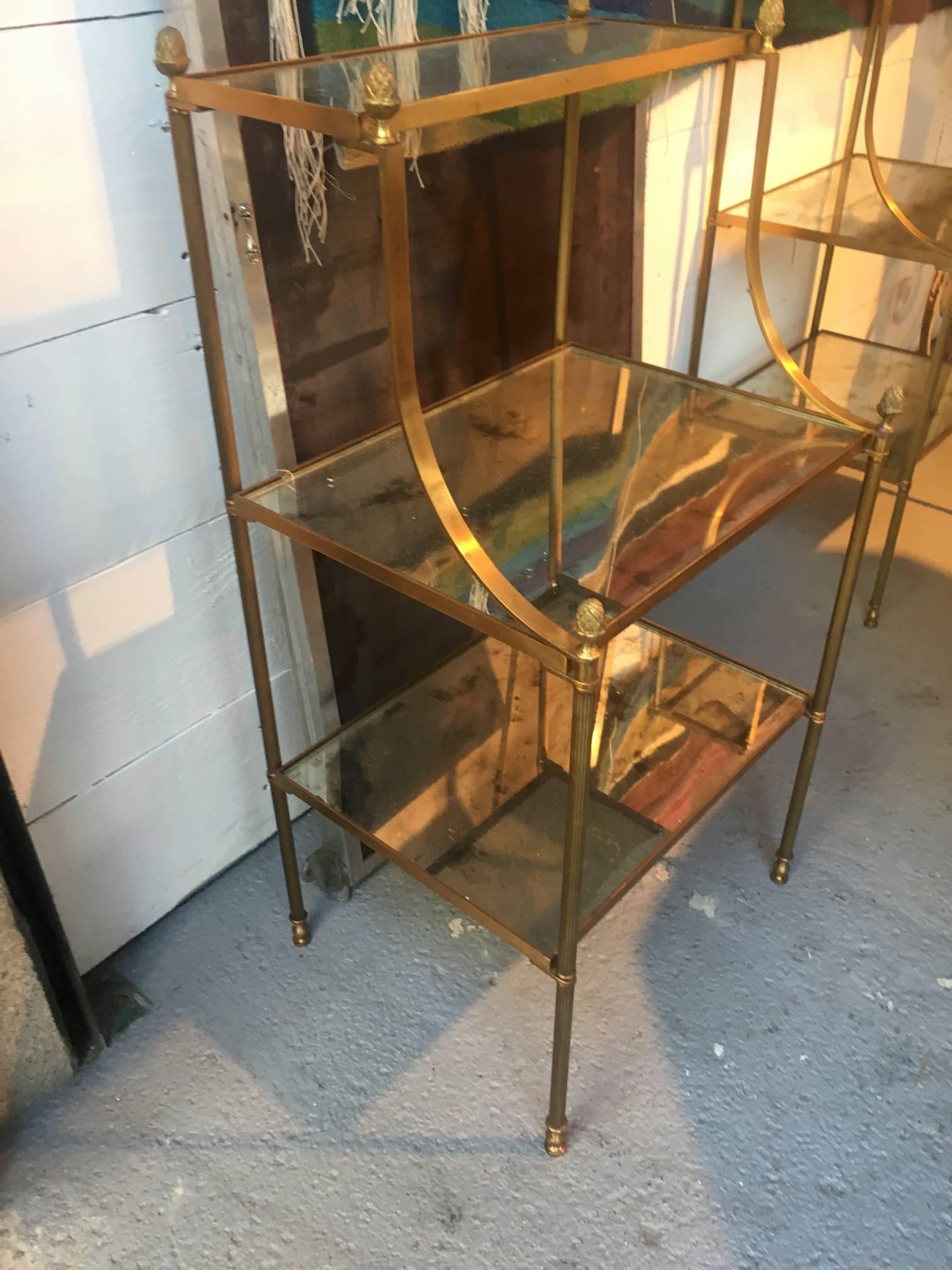 Mid-20th Century Maison Jansen Chicest Neoclassic Pair of Bronze Three Tiers Side Tables For Sale