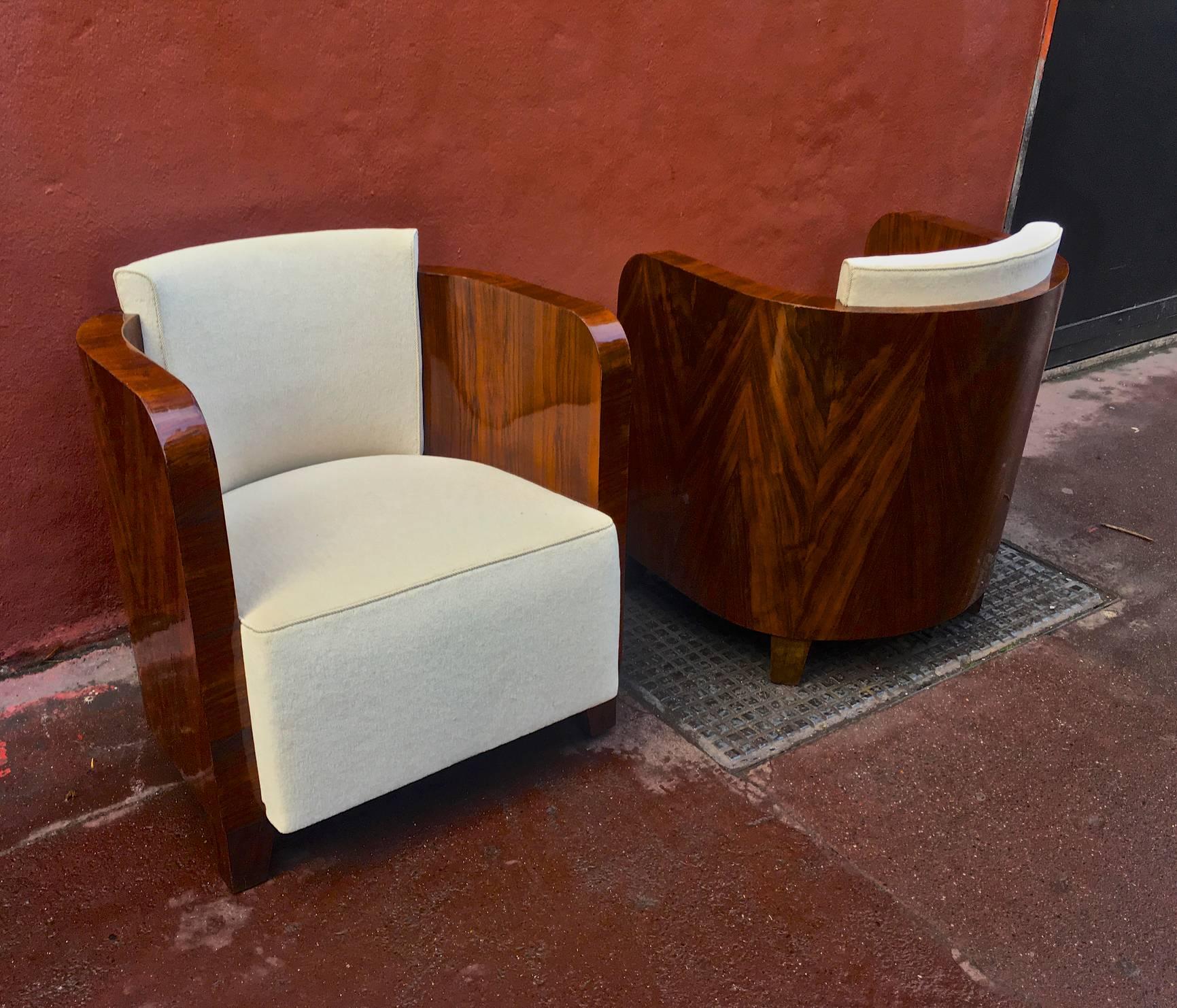 Art Deco Maison Soubrier Spectacular Rosewood Barrel Chairs Newly Restored in Neutral For Sale