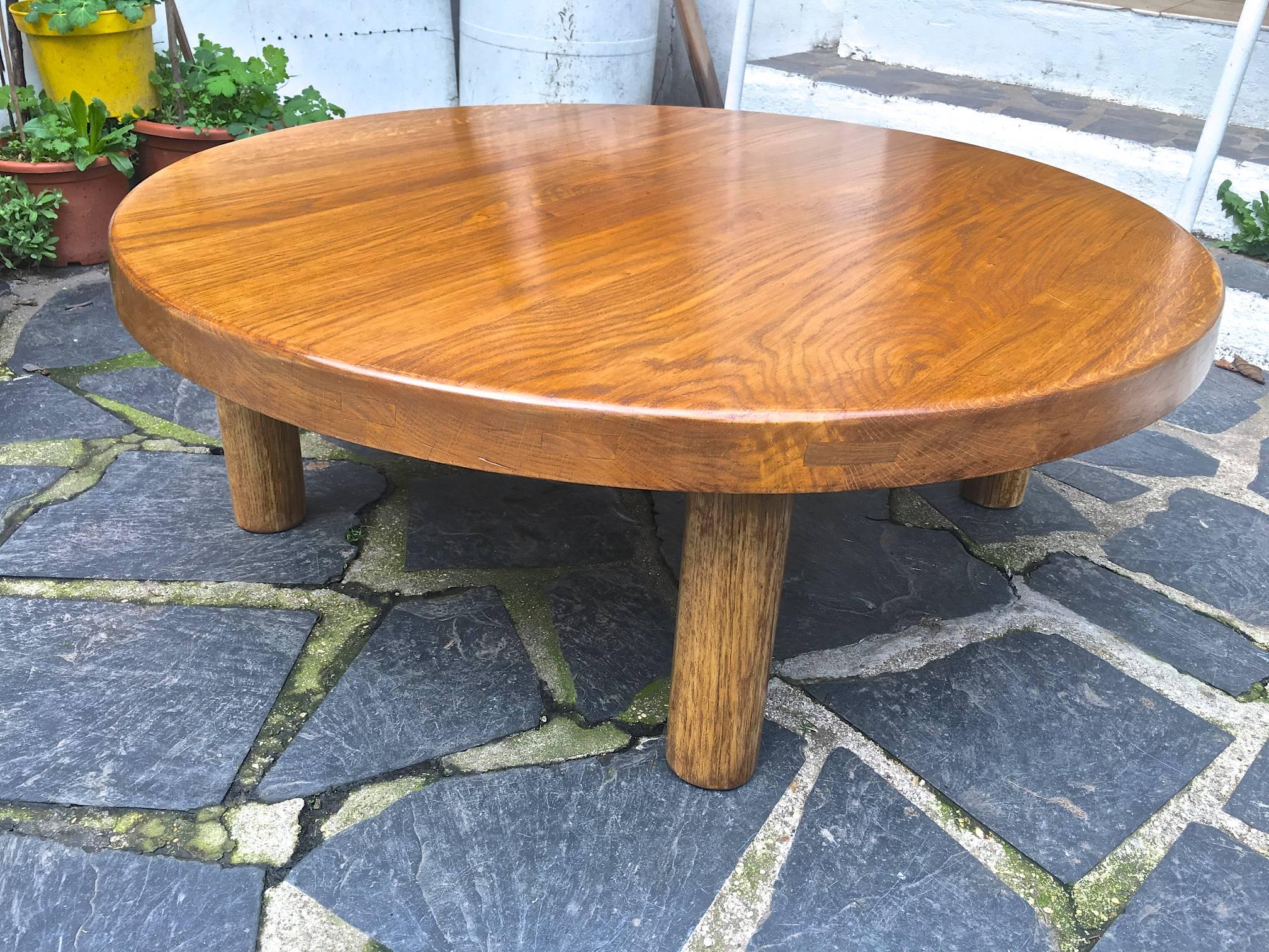 Mid-Century Modern Charlotte Perriand Oak Round Low Coffee Table For Sale