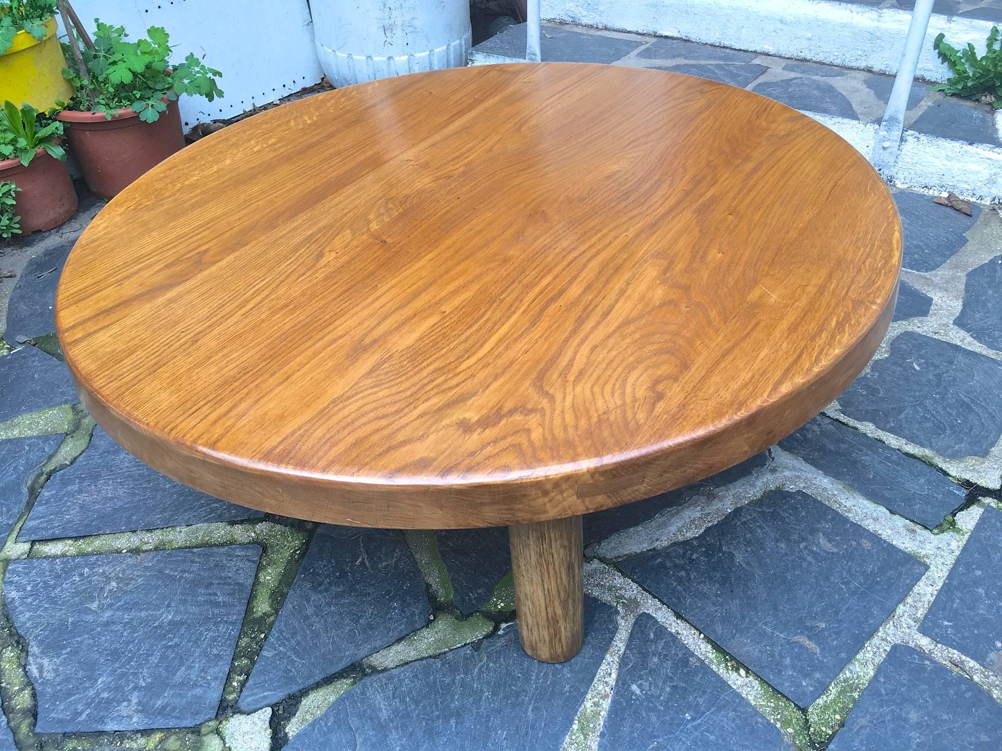 French Charlotte Perriand Oak Round Low Coffee Table For Sale