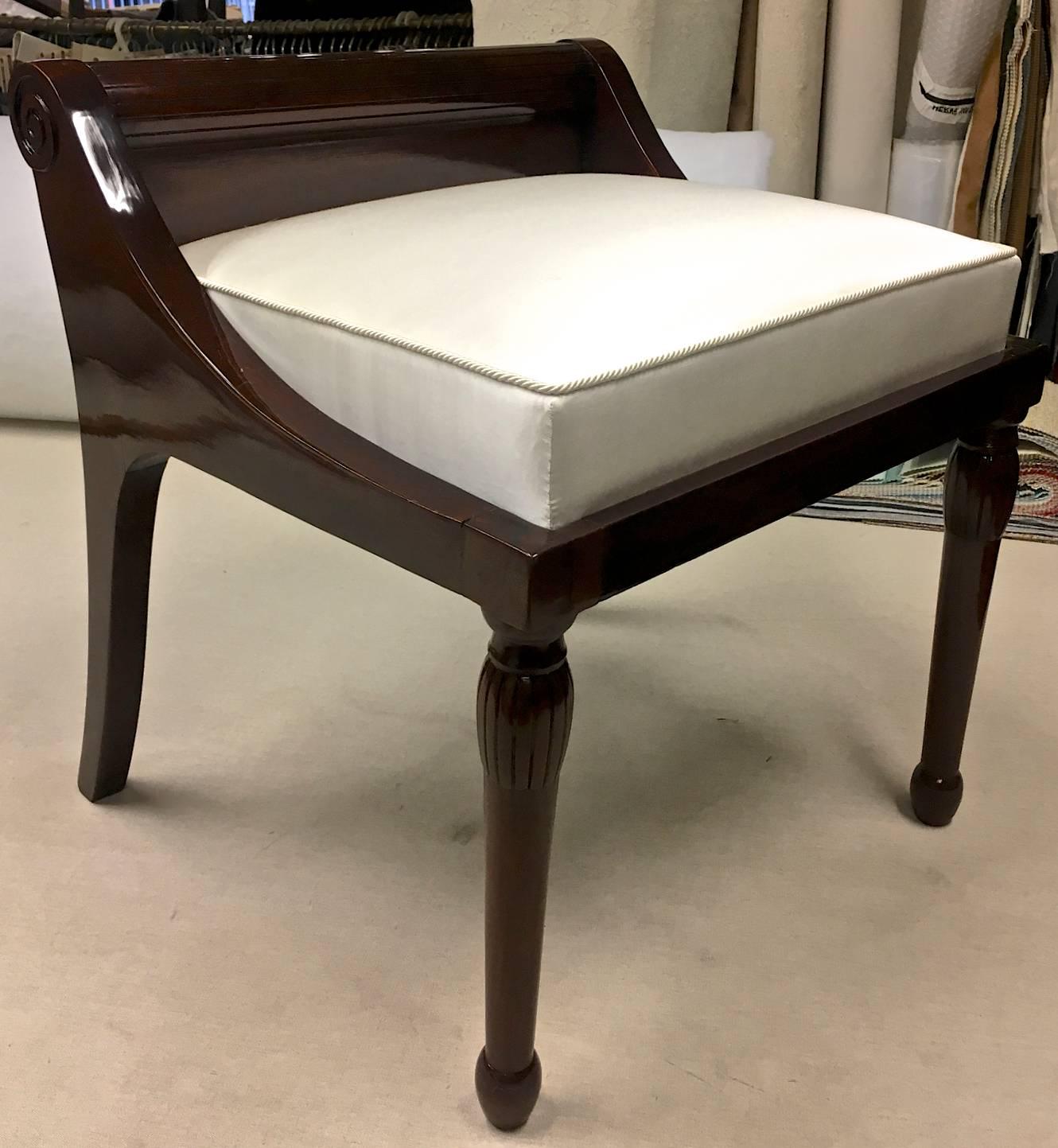 Style of Andre Arbus superb pair of neoclassic solid rosewood stool with back roll newly restored and recovered in silk cloth.