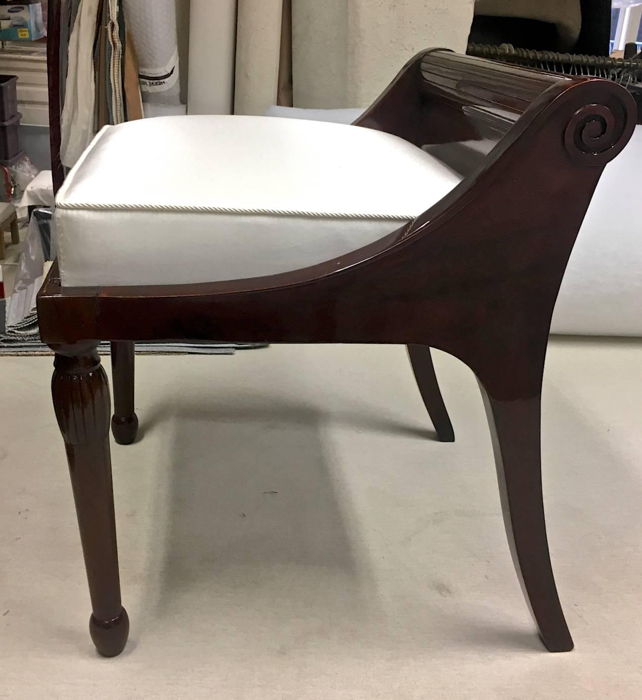 Style of Andre Arbus Pair of Neoclassic Solid Rosewood Stool Covered in Silk In Excellent Condition For Sale In Paris, ile de france