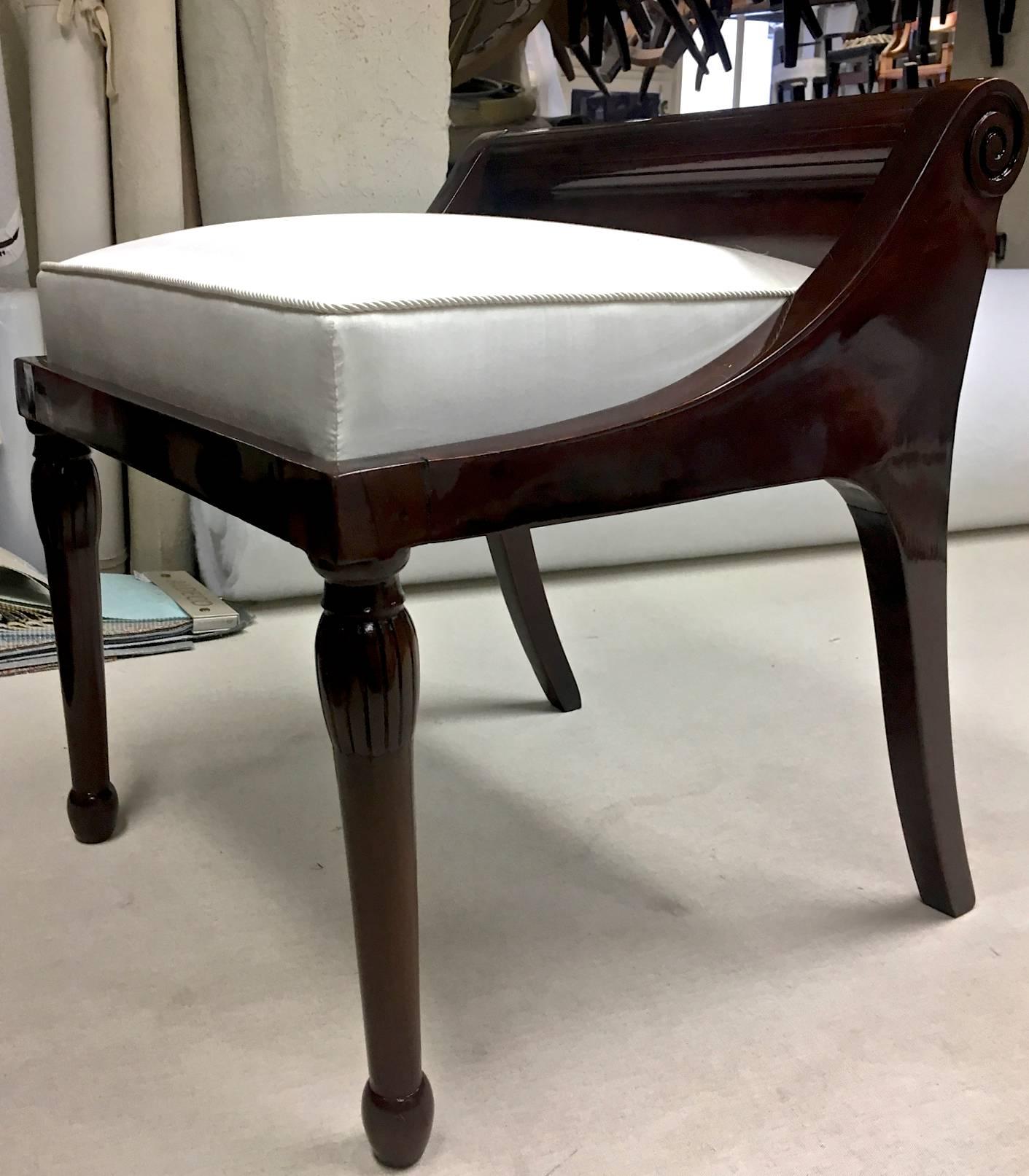 Mid-20th Century Style of Andre Arbus Pair of Neoclassic Solid Rosewood Stool Covered in Silk For Sale