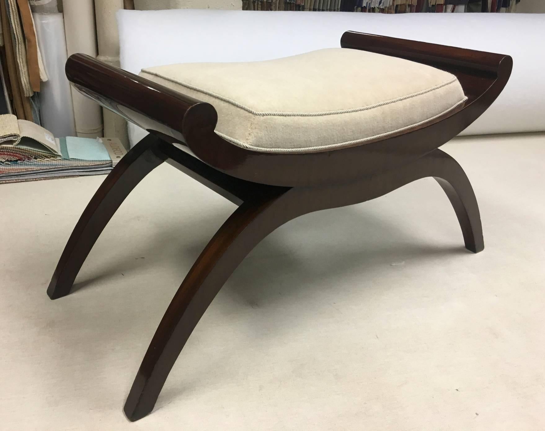Maurice Dufrene superb Curule-shaped rosewood unique bench newly restored in mohair neutral cloth.