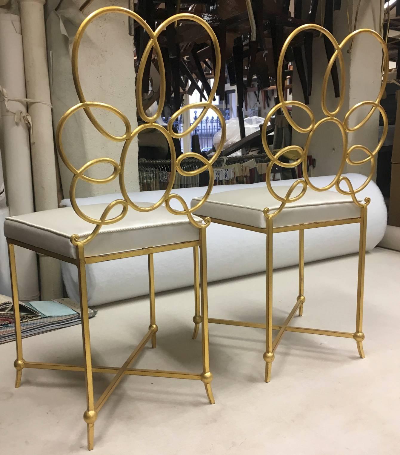 Mid-Century Modern Rene Prou Rare Superb Witty Four-Flower Gold Leaf Wrought Iron Chairs in Silk For Sale