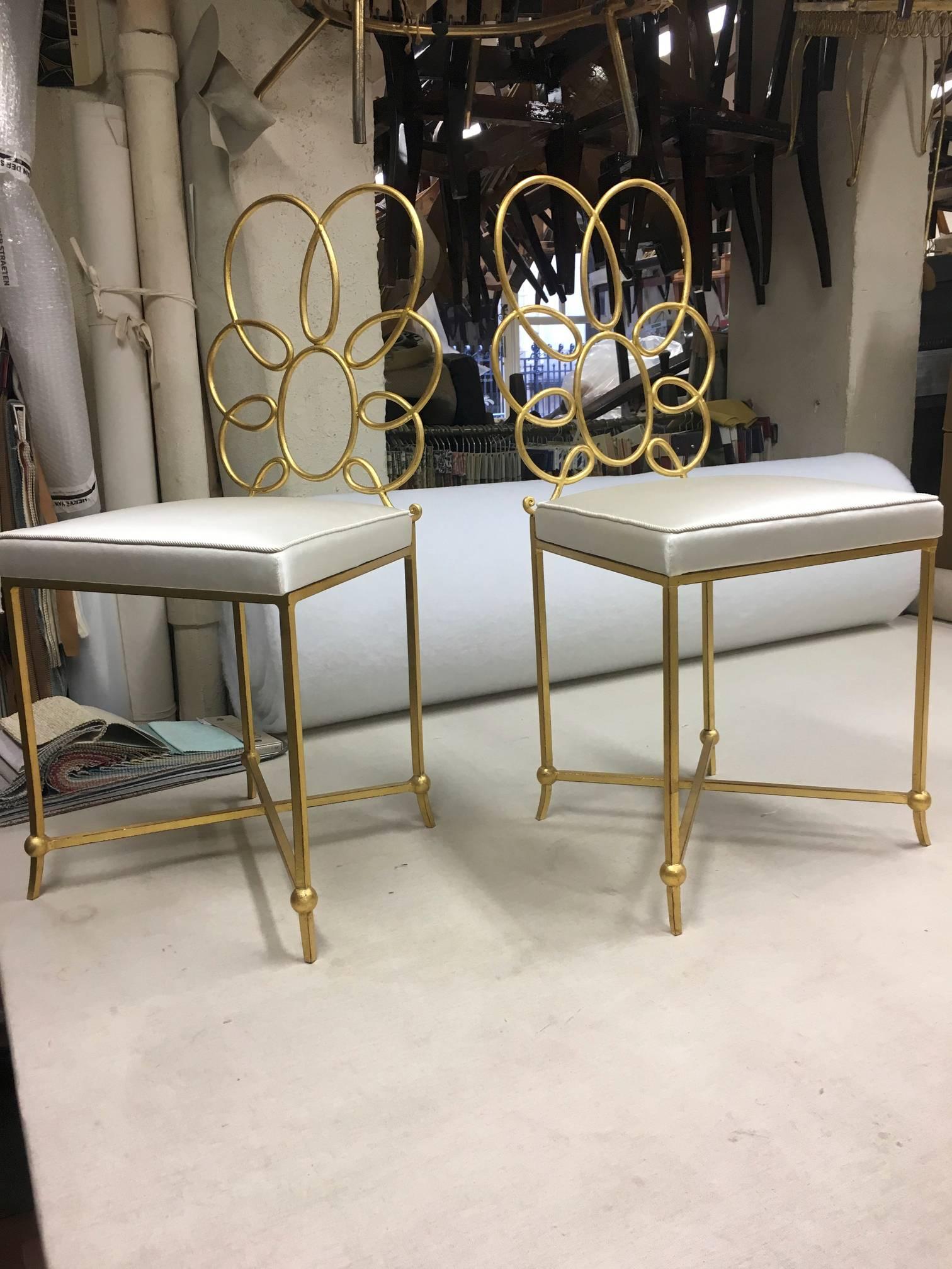 Mid-20th Century Rene Prou Rare Superb Witty Four-Flower Gold Leaf Wrought Iron Chairs in Silk For Sale