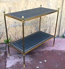 Maison Jansen Pair of Two-Tier Neoclassic Side Table with Gold Adorn Leather Top