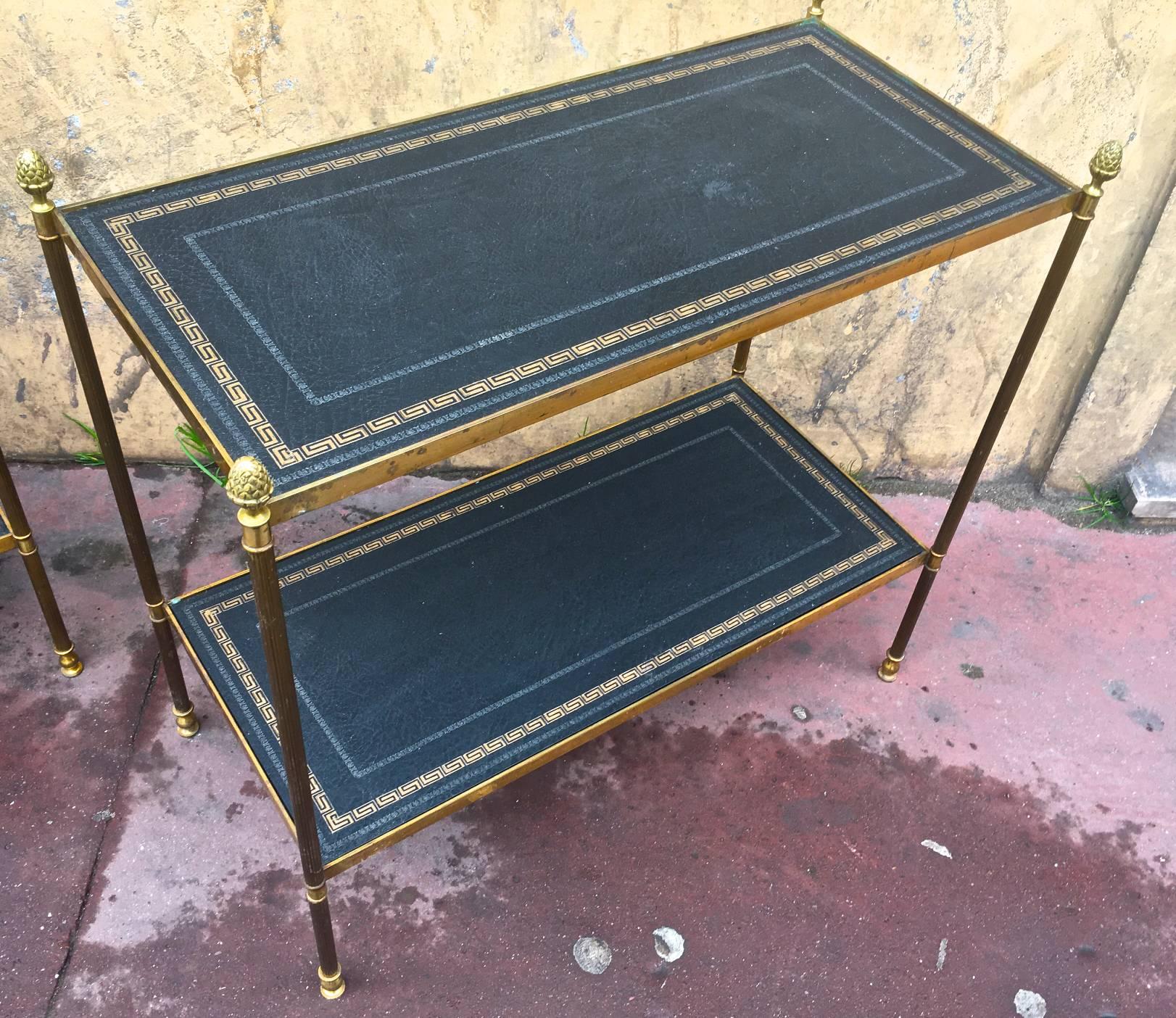 Maison Jansen Pair of Two-Tier Neoclassic Side Table with Gold Adorn Leather Top In Good Condition For Sale In Paris, ile de france