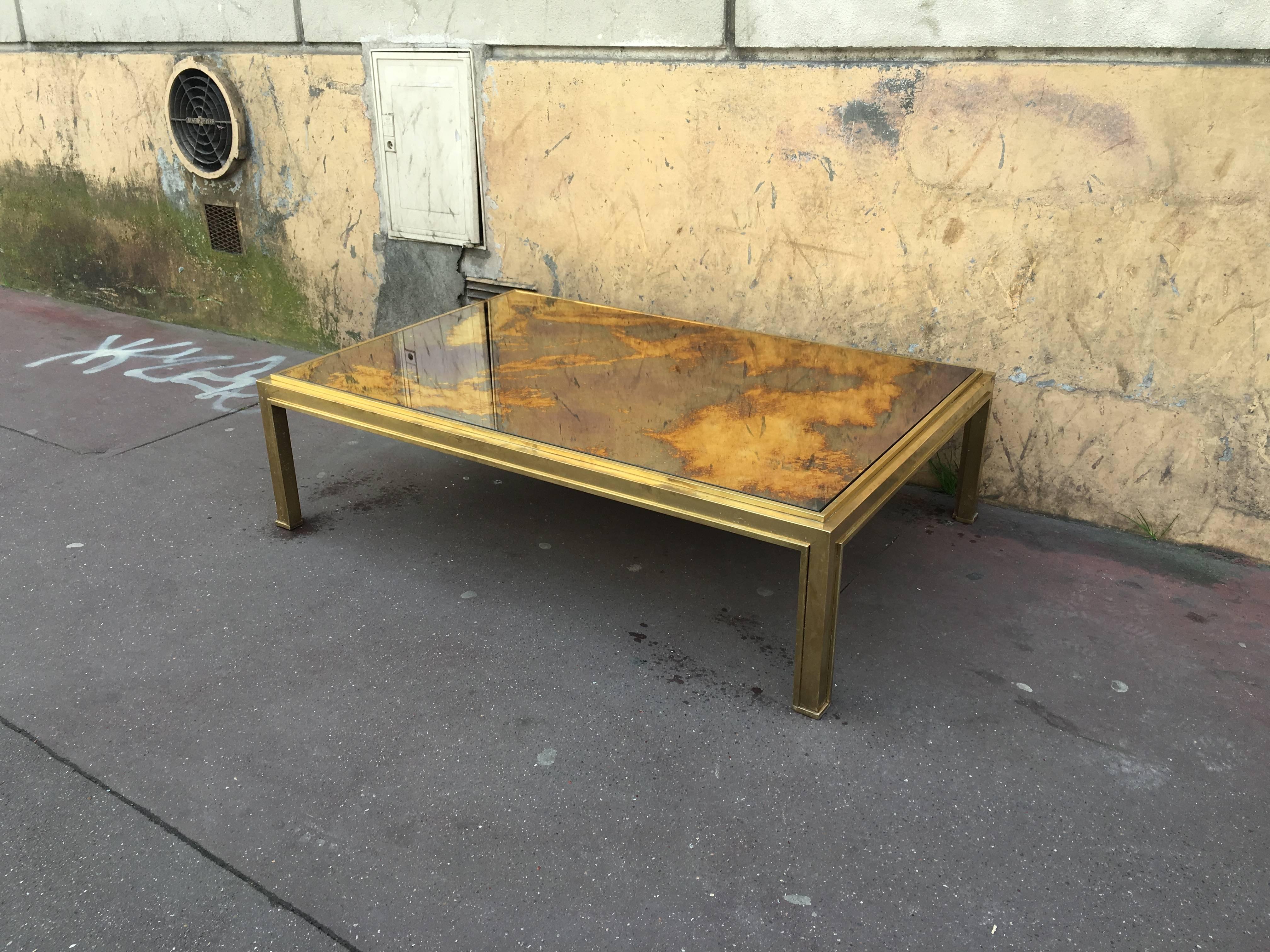 Mid-Century Modern Jacques Adnet Sturdy Gold Bronze Big Coffee Table with a Gold Leaf Mirrored Top For Sale
