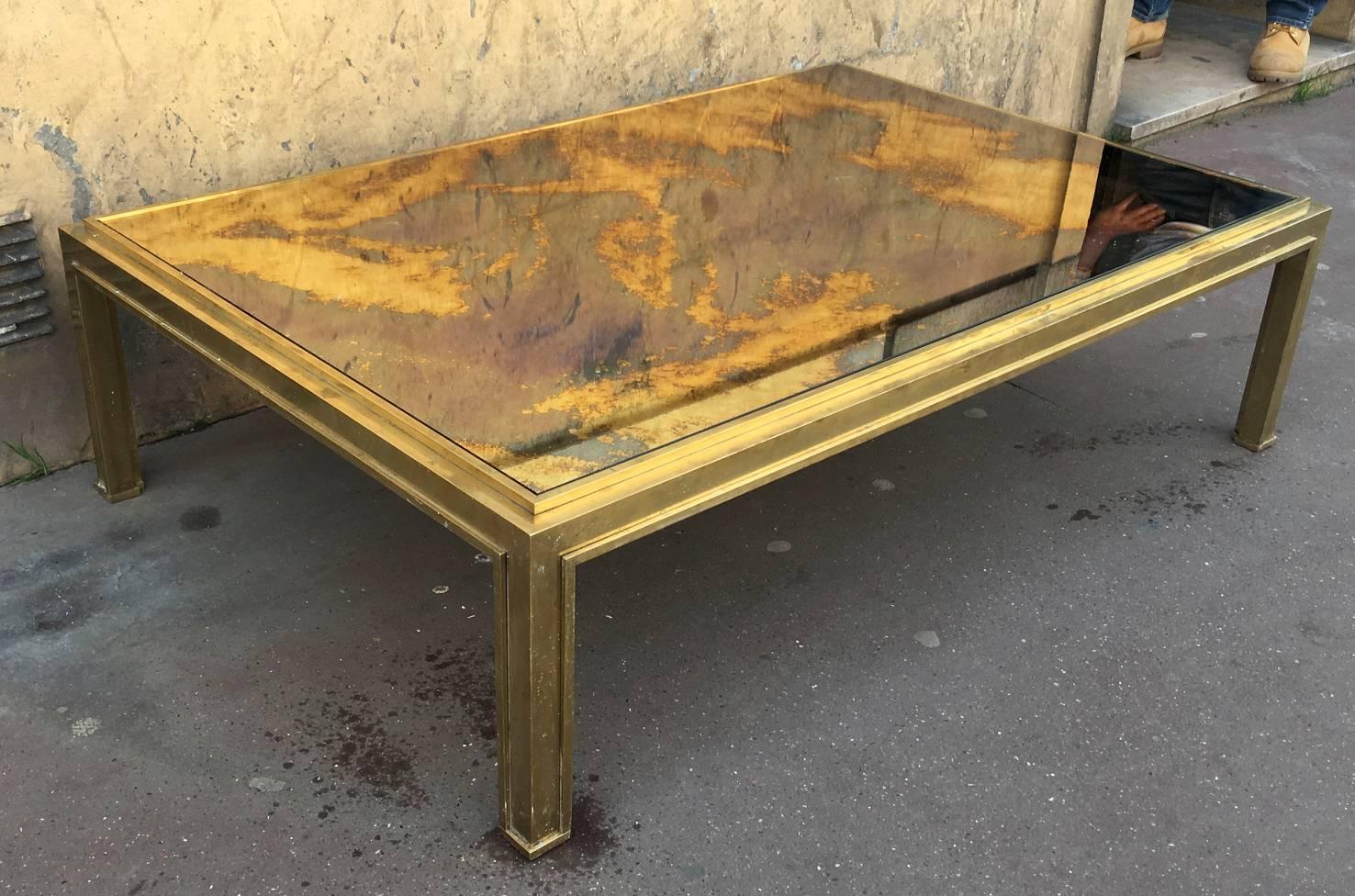 Mid-20th Century Jacques Adnet Sturdy Gold Bronze Big Coffee Table with a Gold Leaf Mirrored Top For Sale