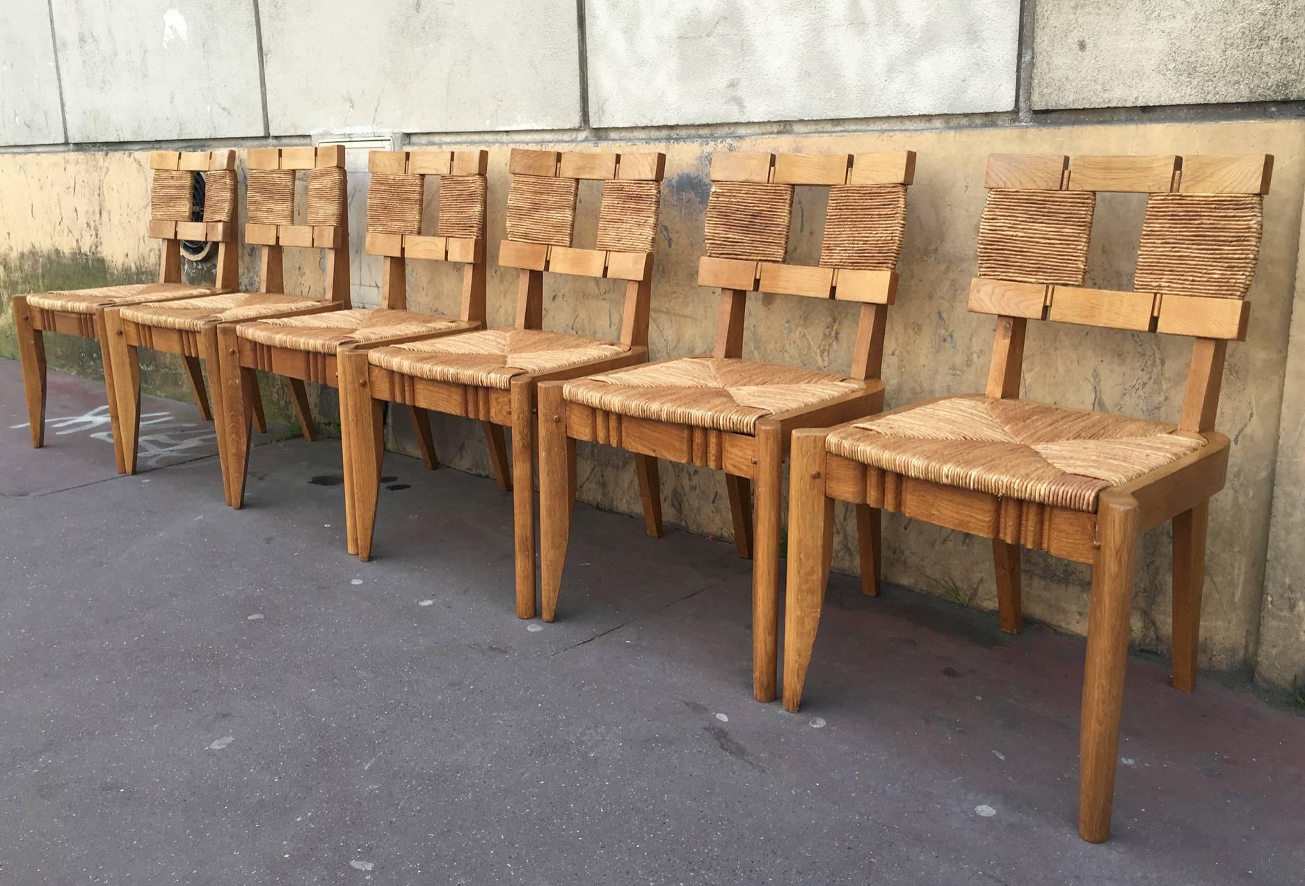 Guillerme et Chambon very rarest set of six oak and rush chairs fully restored.