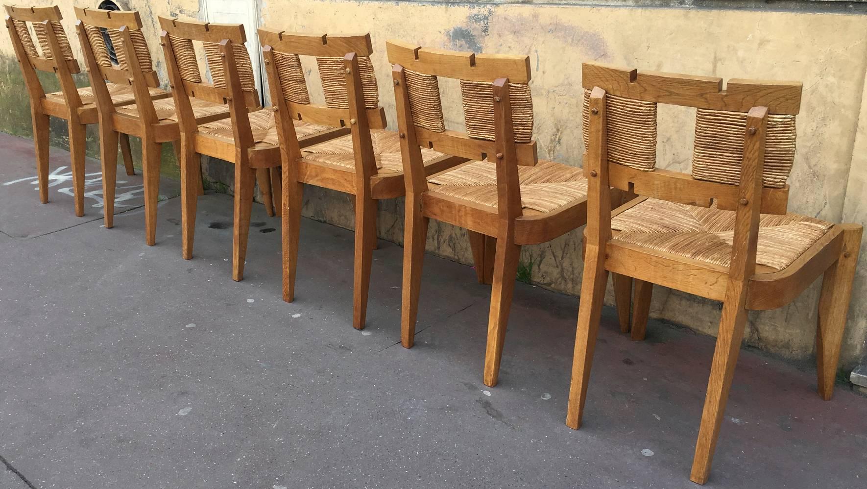 Mid-Century Modern Guillerme et Chambon Very Rarest Set of 6 Oak and Rush Chairs Fully Restored